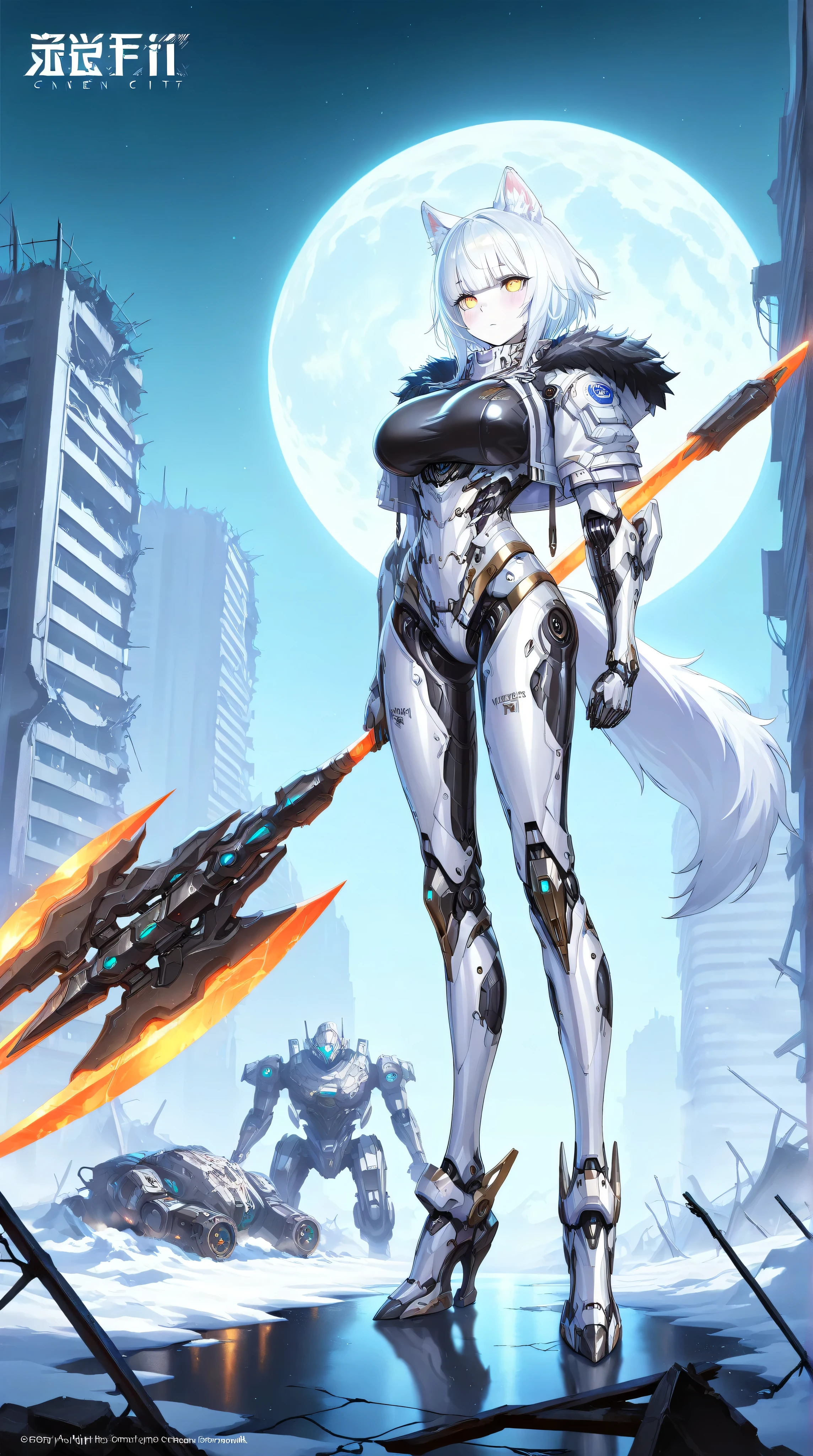 masterpiece,best quality,official art,extremely detailed CG unity 8k wallpaper,(Sci-fi style),(Mechanical style),
1girl,female robot,
huge_breasts,Mechanical body,mechanical parts,mecha corset,robot joints,mechanical arm,(whole body),(slim legs),lustrous skin,shiny skin,pale skin
(snow mastiff armor),(white fur trim),(white intricate mechanical bodysuit),white Functional clothing,dog ears,dog tail
outdoor,building_ruins,burning city,black night,full moon
expressionless,blush,standing,Wielding a battleaxe
yellow eyes,detailed beautiful eyes,(finely detailed eyes)
(white hair,crew cut,blunt_bangs,hair_between_eyes,(reflective hair), 