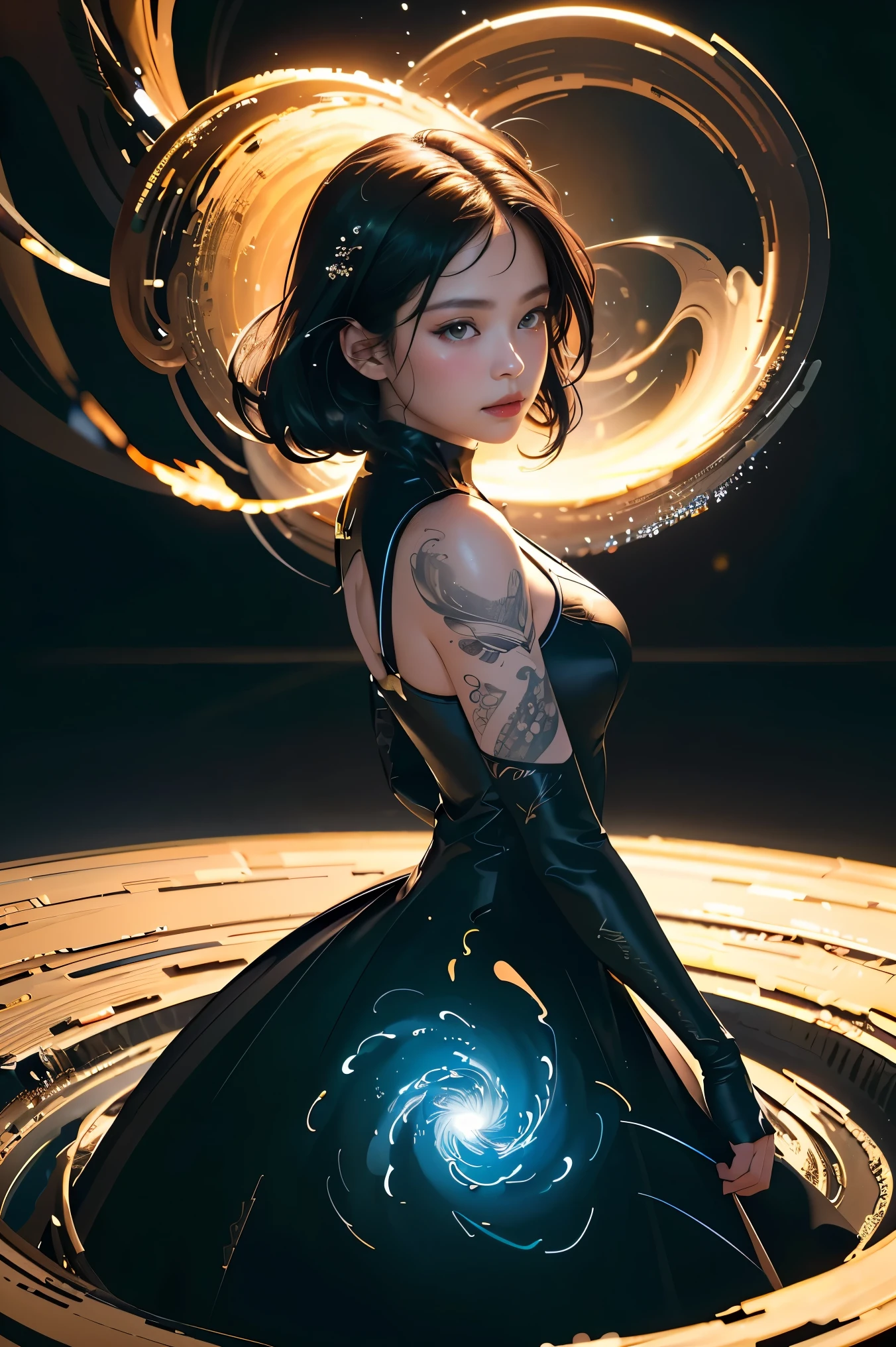 (masterpiece, best quality)), ultra detailed 8k, photorealistic, sharp focus, highly detailed, professional lighting , shadowmancer, photo of a woman, ink particle, ((swirling black ink floating around)), futuristic fantasy, futuristic black dress, dynamic pose, realistic, masterpiece, intricate details, detailed background, depth of field,