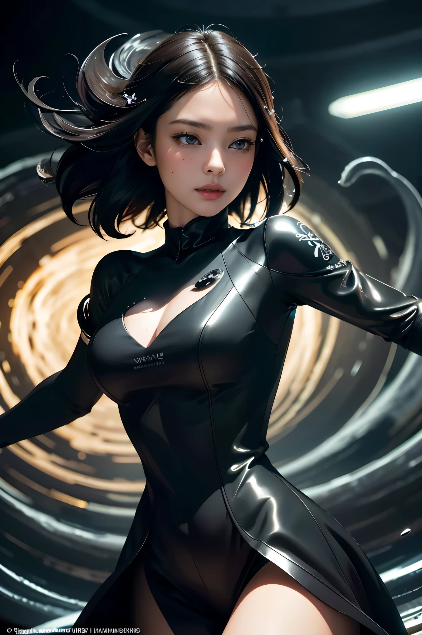 (masterpiece, best quality)), ultra detailed 8k, photorealistic, sharp focus, highly detailed, professional lighting , shadowmancer, photo of a woman, ink particle, ((swirling black ink floating around)), futuristic fantasy, futuristic black dress, dynamic pose, realistic, masterpiece, intricate details, detailed background, depth of field,