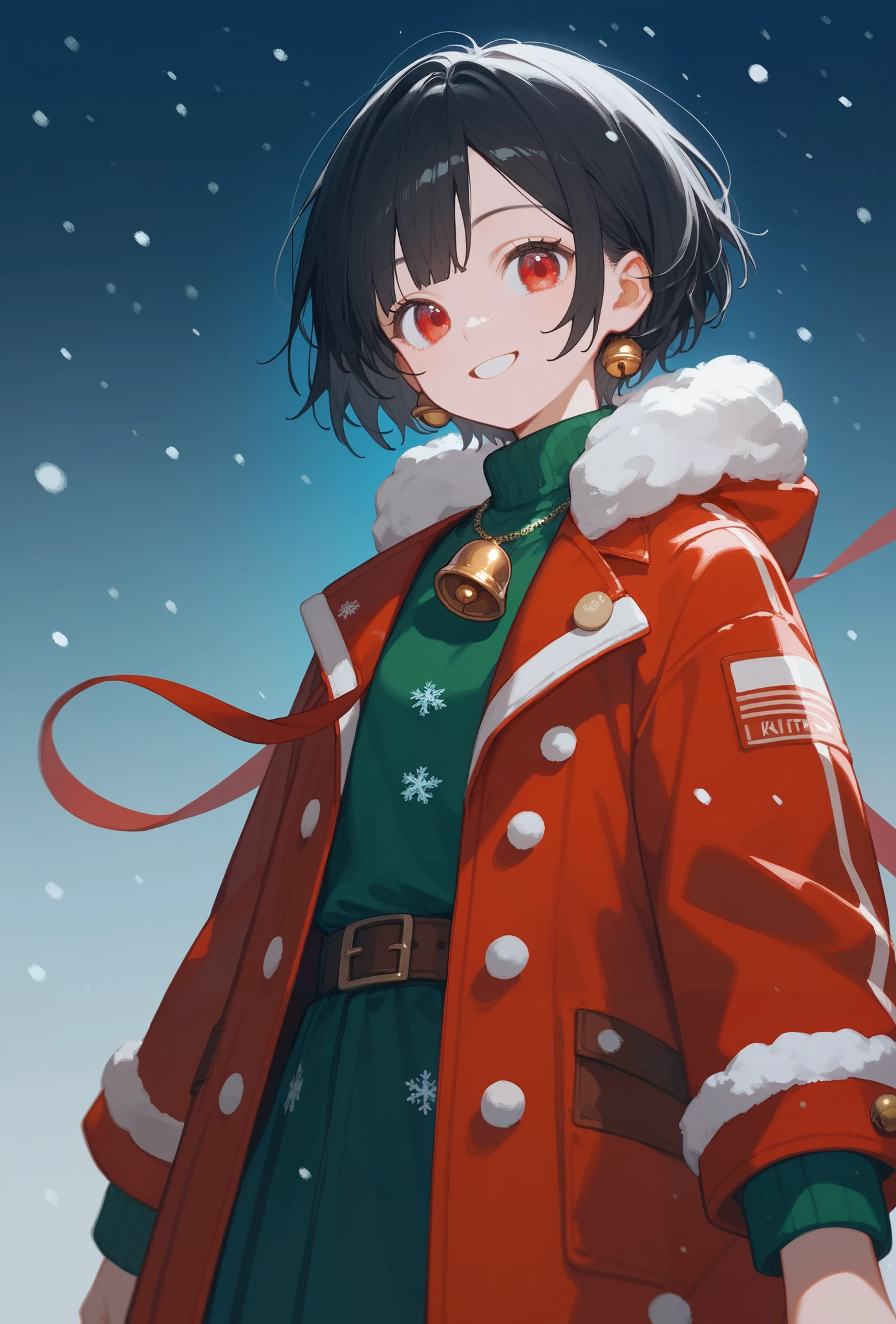 score_9, score_8_up, score_7_up, score_6_up, score_5_up, score_4_up, source_anime, (cute sticker style:1.3), 1girl, kawaii, smiling, red eyes, black hair, (short hair), standing, wearing a red coat, golden bell necklace, Christmas theme, (simple background, plain background), intricate detailed.