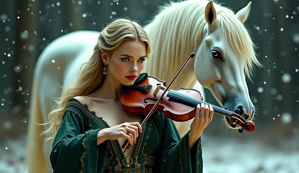 (photorealism: 1.2),  a beautiful woman with long wavy blonde hair and green eyes is screaming,  sensual look at the viewer .  She is kneeling and playing a violin  . She wears queen clothes because she is the queen of the mystical beasts .  And a mystical white Pegasus behind her  . And the eyes of the Pegasus are green .  Make it a dark and precise fantasy for the cover of a novel . And it's snowing . Epic movie background