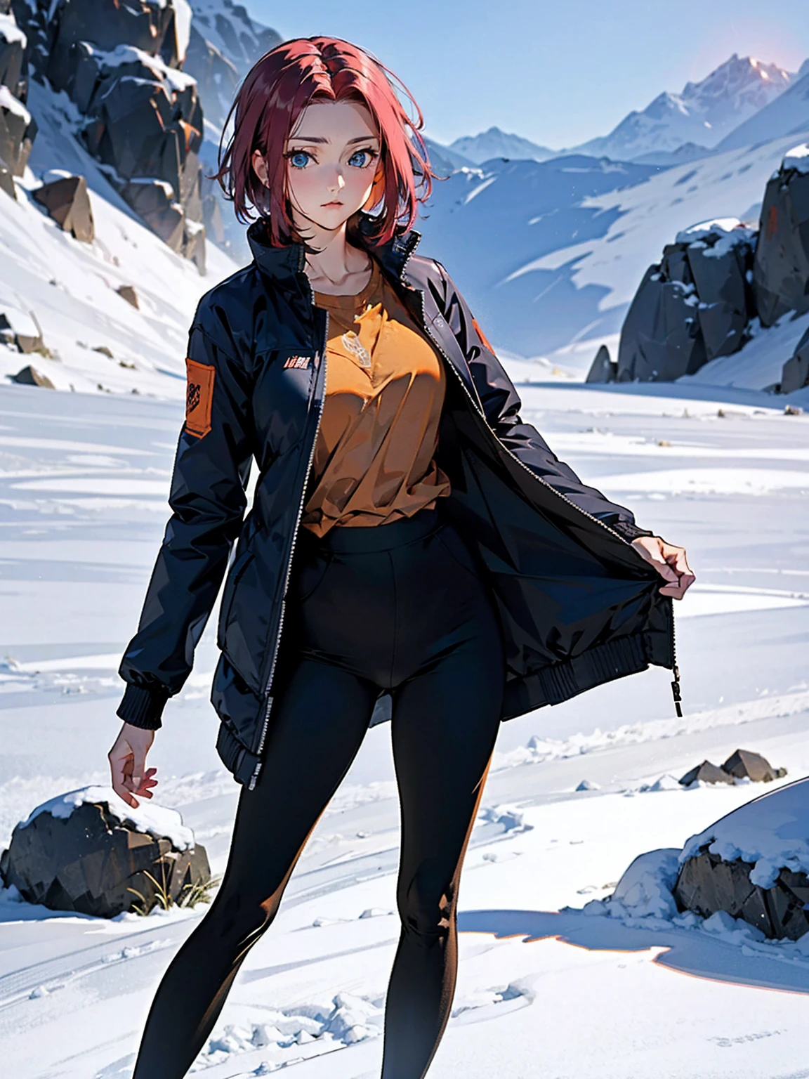  Karen Kouzki、masterpiece, top quality 、 super high image quality、Exquisite depiction、Detailed texture expression、 best quality, masterpiece,  high res, 、 standing, Blue Eyes, black winter jacket 、,black winter mountaineering jacket、 shorts、leggings、Outdoor
