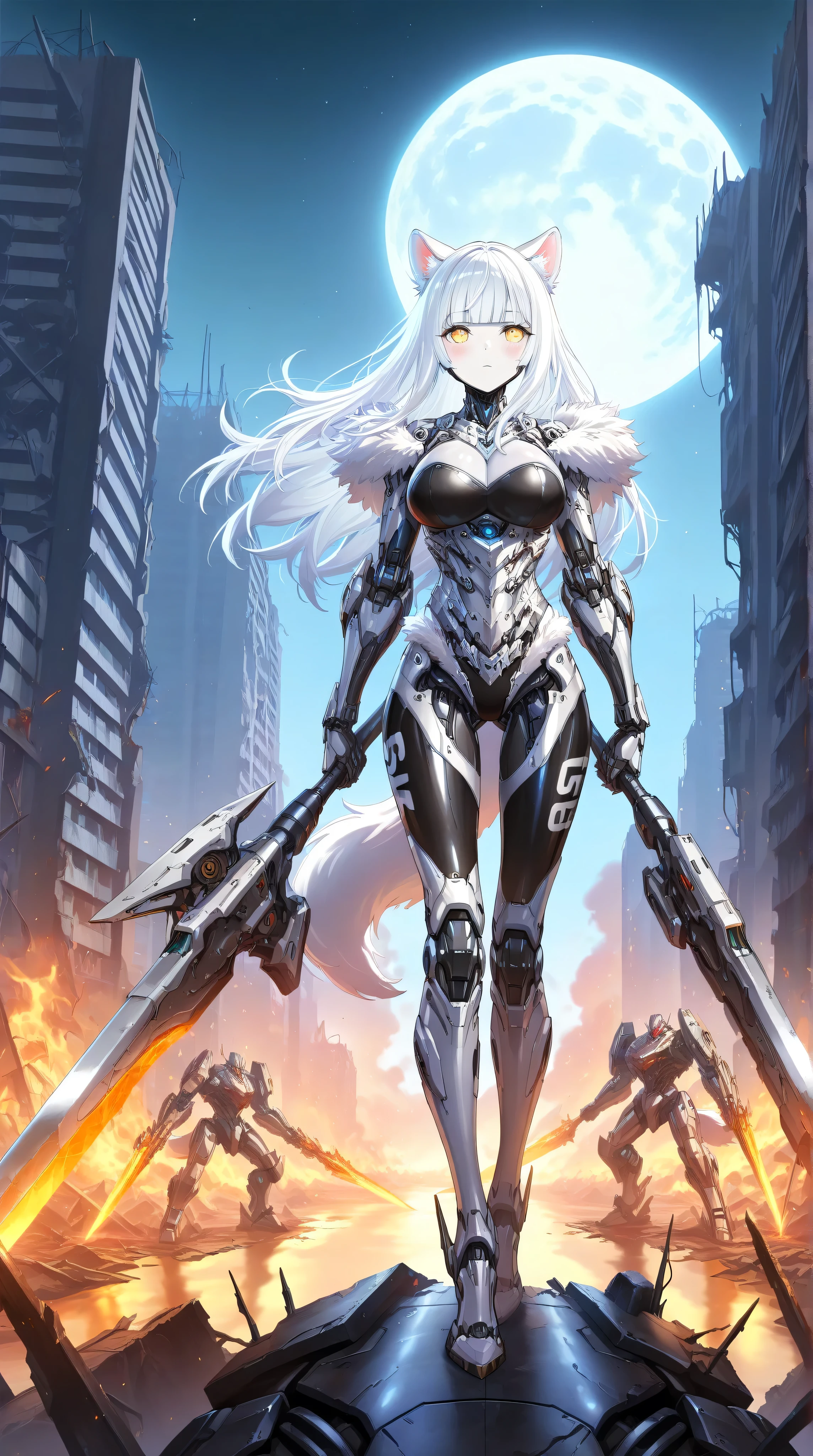 masterpiece,best quality,official art,extremely detailed CG unity 8k wallpaper,(Sci-fi style),(Mechanical style),
1girl,female robot,
huge_breasts,Mechanical body,mechanical parts,mecha corset,robot joints,mechanical arm,(whole body),(slim legs),lustrous skin,shiny skin,pale skin
(snow mastiff armor),(white fur trim),(white intricate mechanical bodysuit),white Functional clothing,dog ears,dog tail
outdoor,building_ruins,burning city,black night,full moon
expressionless,blush,standing,Wielding a battleaxe
yellow eyes,detailed beautiful eyes,(finely detailed eyes)
(white hair,crew cut,blunt_bangs,hair_between_eyes,(reflective hair), 