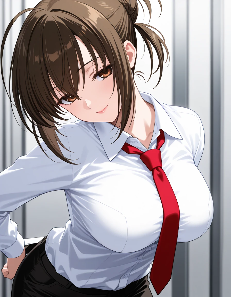 score_9, score_8_ up, score_7_ up BREAK 1girl, Alone, Akizuki Sarah  , Brown Hair,  summary hair , Hair Bun,  brown eyes, lips,  seductive smile :1.2, Big Breasts、 white dress shirt、 red tie 、 black pants、 Office Space 、 Office Interiors 、Close up of an undead 、light、((undressing))