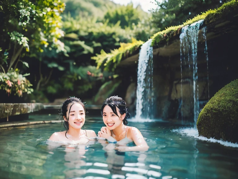 Two 18 years old girls, tall, very smiles, Thai hair updo, big breast, relaxing in a Japanese outdoor hot spring, two girls laying Submerged in water with only the head above the surface, one Hand splashing water, fuzzy water, spray water, very wet hair and face.The environment features natural stone formations and lush greenery in the background. The thick mist softens the scene, creating a dreamy and serene atmosphere, enjoying the warm and soothing experience