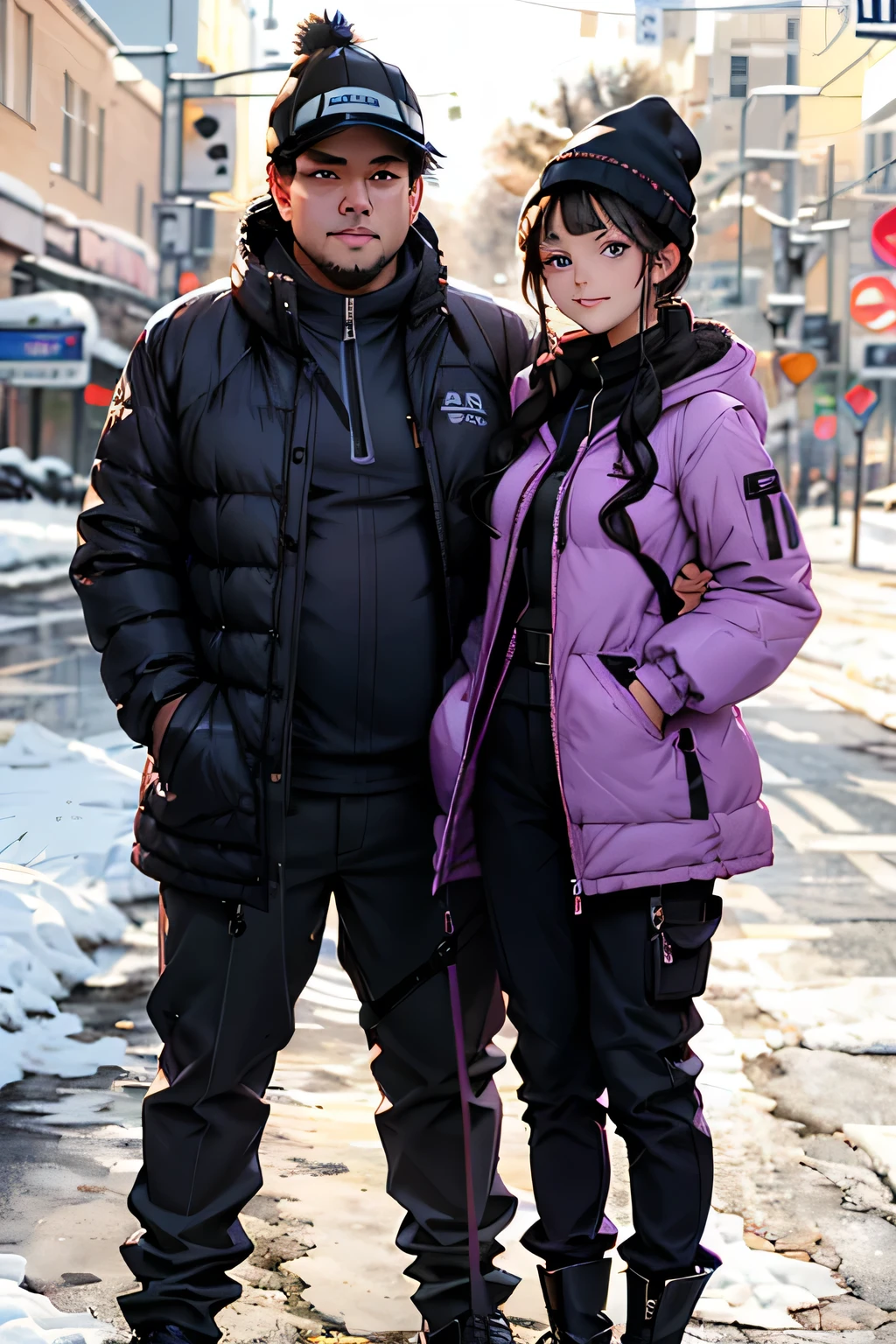 Photo . winter . The photo shows a couple , brother and sister . A beautiful girl . Height 170 cm . black hair . 20 years . Third size chest . violet eyes. She is wearing a down jacket , hat and pants . A fat ugly man is standing with her , he has violet eyes . He is wearing warm clothes . They smile .