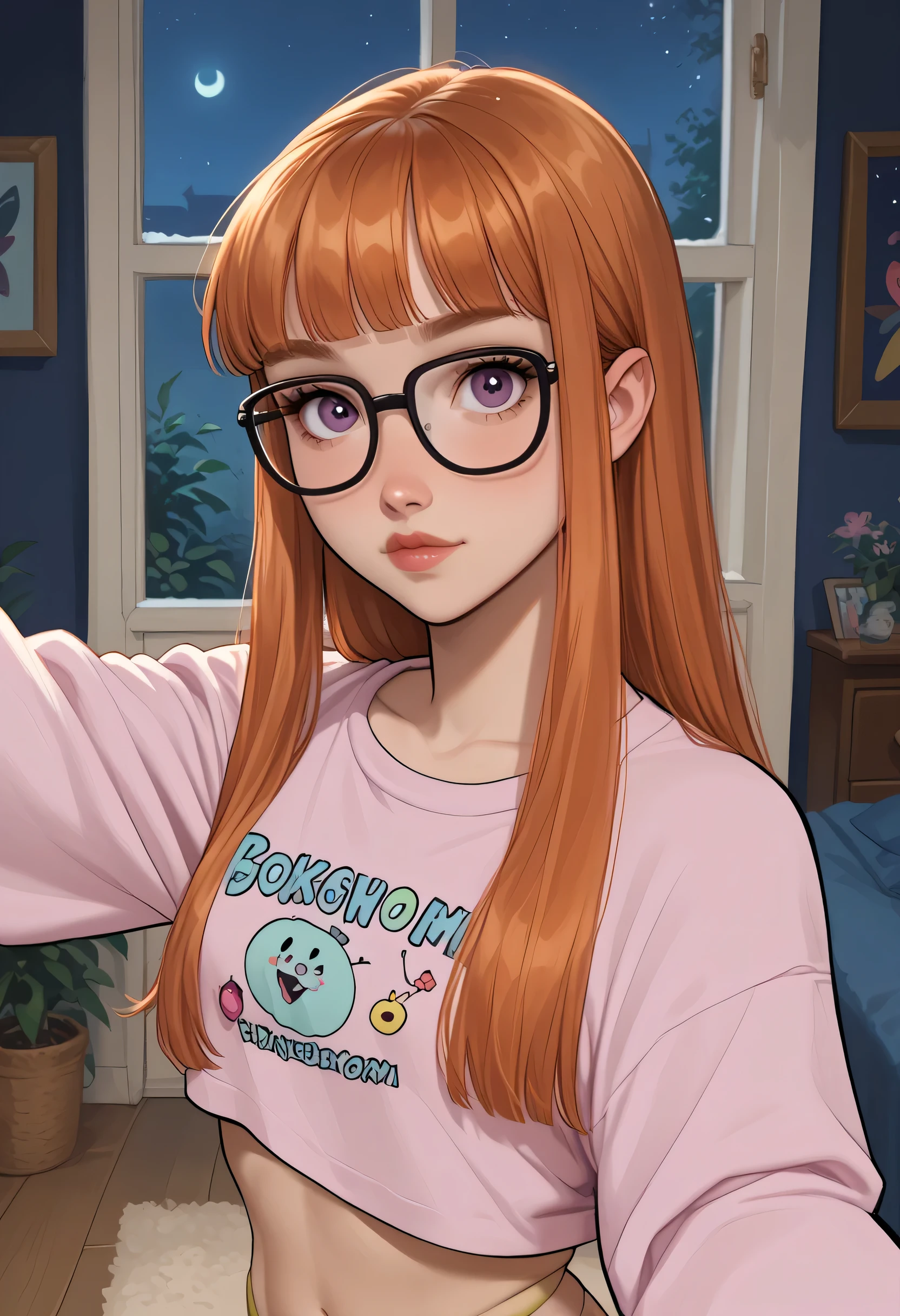 1girl, funny and sleeper expression, pastel colores pajama topped crop, futabasummer, orange hair, long hair, blunt bangs, glasses, purple eyes,, looking at viewer, livingroom back. (Slim Body). (NIGHT:1.4) portrait. score_9, score_8_up, score_7_up. SELFIE, thong