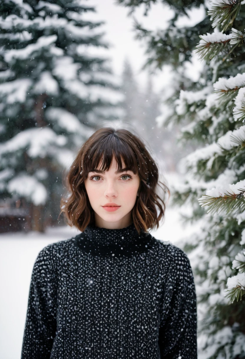 Portrait photo captured on Fujifilm Pro 400H film. The setting is a snowy backyard with trees covered in snow. 24 year old girl, with a slender, petite physique, pale skin, dark brown hair messy wavy bob with bangs. Almond shaped eyes, big, wide and spaced apart, short with a slim frame, thin, skinny physique, broad shoulders poses naturally, surrounded by soft, diffused light reflecting off the snow. The image features classic black-and-white tones with high contrast and fine grain