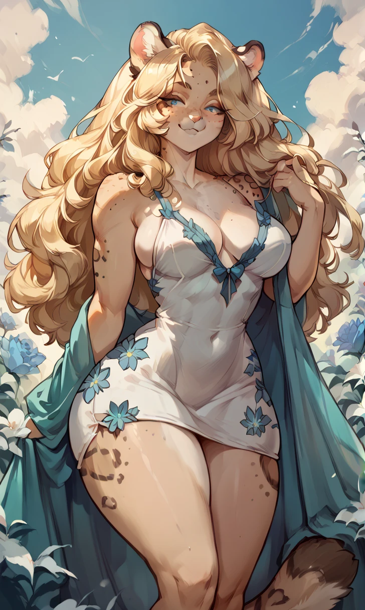 female anthro Snow leopard,Brown long fluffy hair, fluffy hair, squirrel ears, Snow leopard, big breasts, attractive, babydoll pajamas ,shorts thicc body, thicc, freckles, freckles on face, neutral expression, smug eyes, she is standing (thick thighs:1.5) 