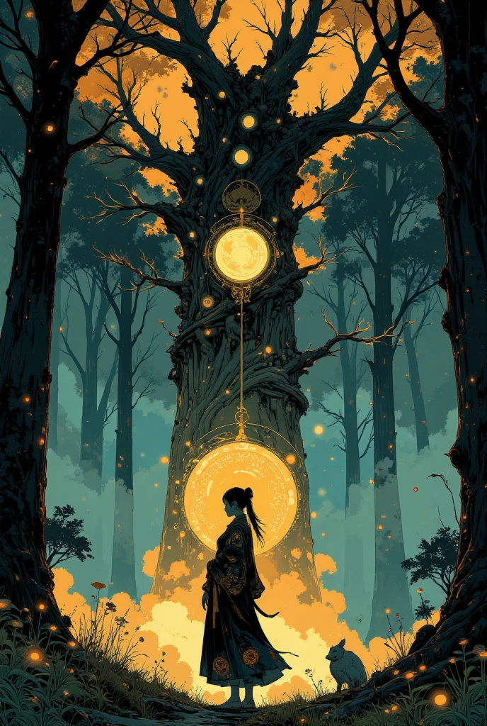 A fantasy-inspired digital artwork depicting a mystical forest illuminated by golden magical energy. The composition features a central figure, a young woman in an elegant, dark ceremonial robe adorned with intricate golden patterns. She stands at the base of a towering tree with glowing, spiraling light emanating upwards, connecting her to a radiant, ethereal being floating in mid-air. The characterâs poised stance, flowing hair ribbons, and serene expression convey power and focus, as glowing magical runes encircle her and extend into the environment. The forest is dense with tall, shadowed trees bathed in soft teal and green tones, contrasting against the vibrant golden magic. The light effects are detailed and dynamic, creating an atmosphere of enchantment and mysticism. The artwork combines elements of fantasy, ritualistic themes, and nature, with a harmonious balance of detailed character design and atmospheric background. The overall mood is one of reverence, mystery, and magical transcendence.
dreadmirthart