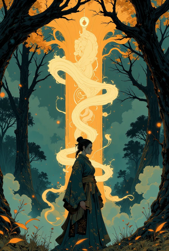 A fantasy-inspired digital artwork depicting a mystical forest illuminated by golden magical energy. The composition features a central figure, a young woman in an elegant, dark ceremonial robe adorned with intricate golden patterns. She stands at the base of a towering tree with glowing, spiraling light emanating upwards, connecting her to a radiant, ethereal being floating in mid-air. The characterâs poised stance, flowing hair ribbons, and serene expression convey power and focus, as glowing magical runes encircle her and extend into the environment. The forest is dense with tall, shadowed trees bathed in soft teal and green tones, contrasting against the vibrant golden magic. The light effects are detailed and dynamic, creating an atmosphere of enchantment and mysticism. The artwork combines elements of fantasy, ritualistic themes, and nature, with a harmonious balance of detailed character design and atmospheric background. The overall mood is one of reverence, mystery, and magical transcendence.
dreadmirthart