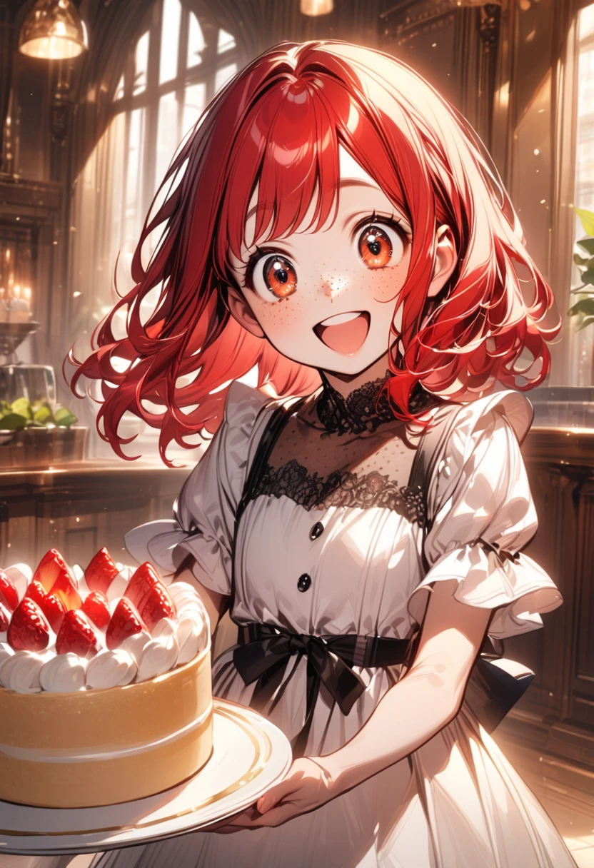 young girl(red hair, freckles, big eyes),dress, happy, indoors, holding a cake