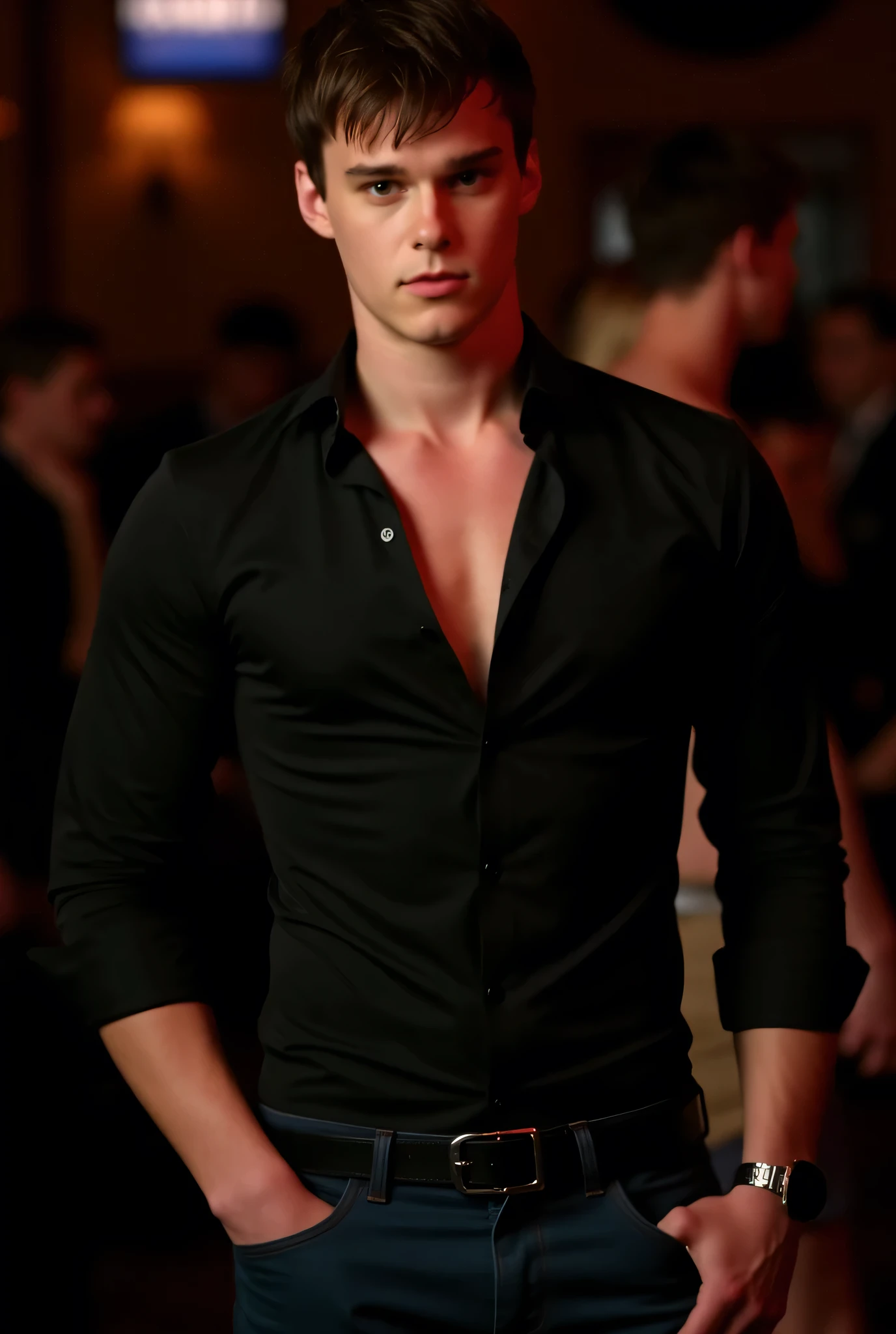 Mitchell Hope. The image is a high-resolution photograph of Mitchell Hope with light skin tone and short, tousled brown hair. He is leaning against the wall in a dimly lit nightclub. He has a light complexion and expressive eyes. His facial expression is confident, looking at the viewer. He is feeling very horny and it is noticable in how he is looking at the viewer, he wants to have sex now. He is wearing an untucked black buttoned-up shirt with the sleeves rolled up to his elbows, that is very tight against his muscled arms and chest. The sleeves of the shirt hug his biceps tight. He is wearing fitted denim jeans, with a black belt and silver buckle, that hugs his crotch, showcasing huge penis print.