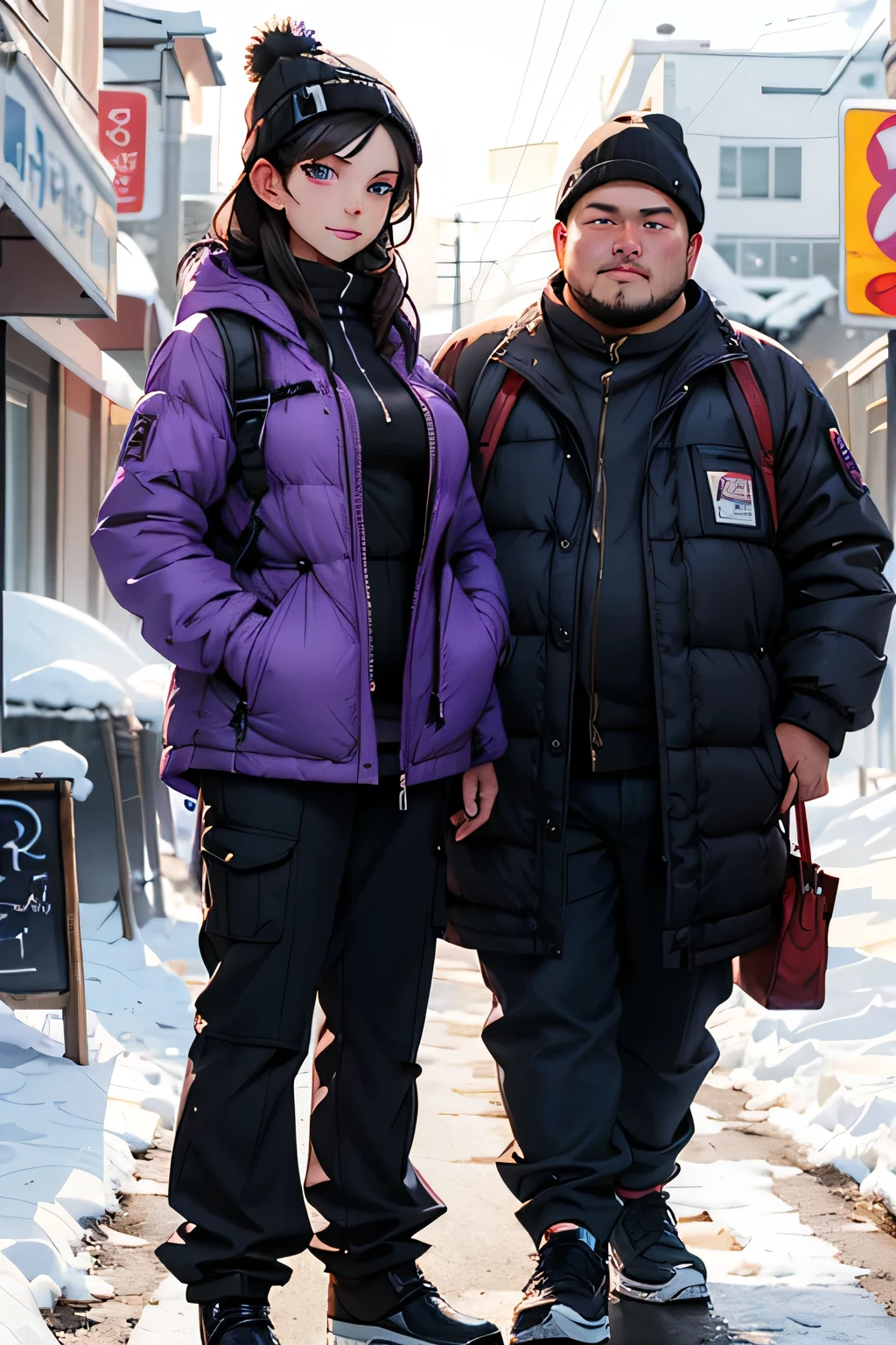 Photo . winter . The photo shows a couple  , brother and sister .  A beautiful girl  . Height 170 cm .  black hair . 20 years .  Size 3 breasts  .  violet eyes.  She is wearing a down jacket  , hat and pants  .  A fat ugly man is standing with her ,  he has violet eyes  .  He is wearing warm clothes  .  They smile .