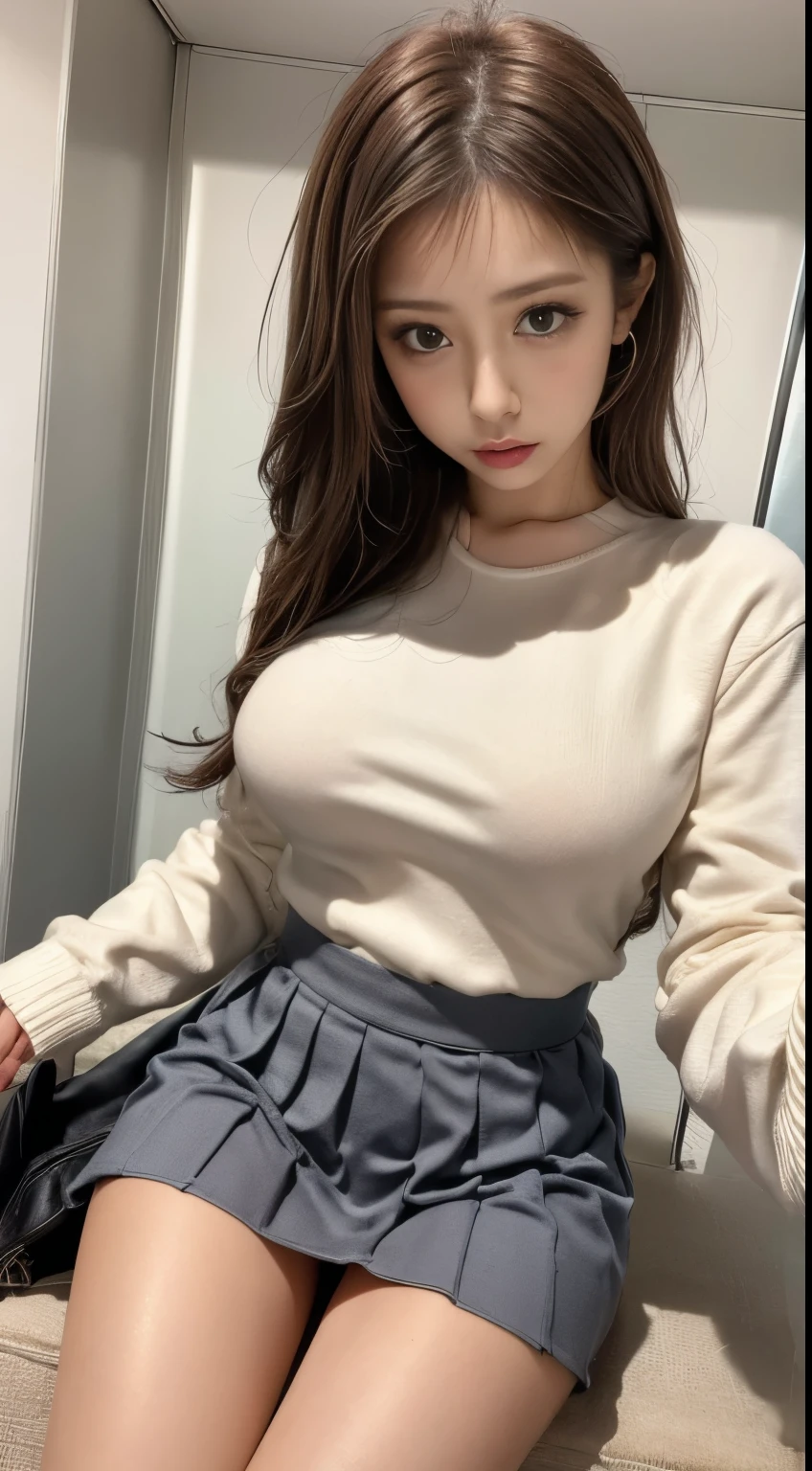 Top image quality、hight resolution、A detailed face、Beautiful Women in Perfect Style、Affectionate smile、pleatedskirt、tight skirts、Knitted Dresses、big breasts thin waist、Slim legs,black thighhighs,Standing、a small face