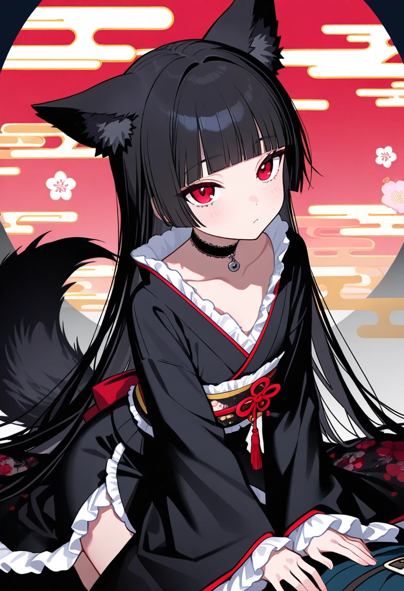 1boy,girlish-boy,wolf ears, wolf tail,black hair,long hair, choker, (((blunt bangs))), gothic kimono,frilly wide sleeve,sash,
masterpiece,best quality,ultra detailed, very aesthetic, hyper small and clean characters in hyper cute line style illustration, 