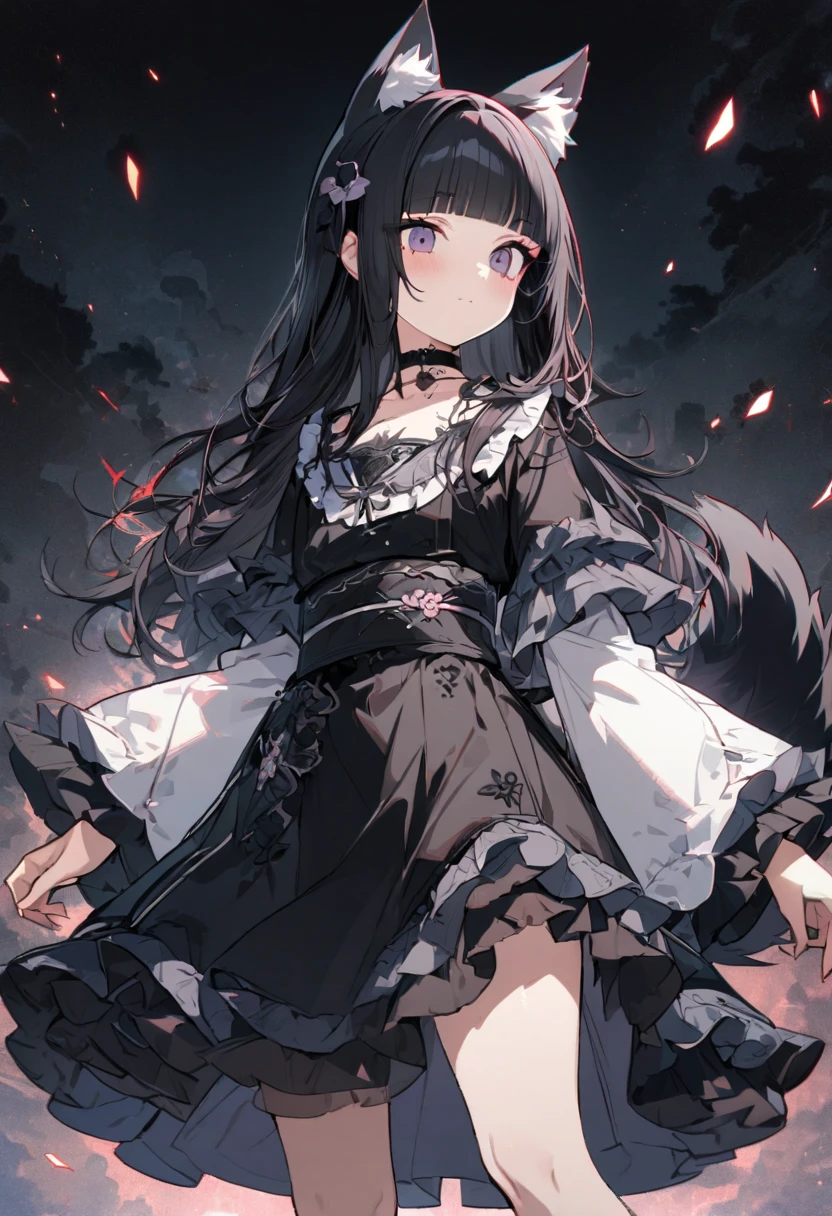 1boy,girlish-boy,wolf ears, wolf tail,black hair,long hair, choker, (((blunt bangs))), gothic kimono,frilly wide sleeve,sash,
masterpiece,best quality,ultra detailed, very aesthetic, hyper small and clean characters in hyper cute line style illustration, 