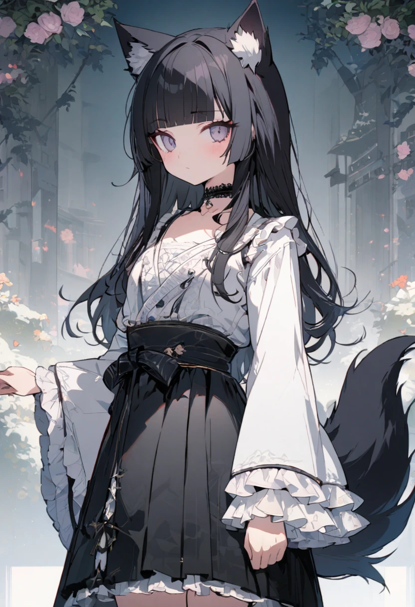 1boy,girlish-boy,wolf ears, wolf tail,black hair,long hair, choker, (((blunt bangs))), gothic kimono,frilly wide sleeve,sash,
masterpiece,best quality,ultra detailed, very aesthetic, hyper small and clean characters in hyper cute line style illustration, 