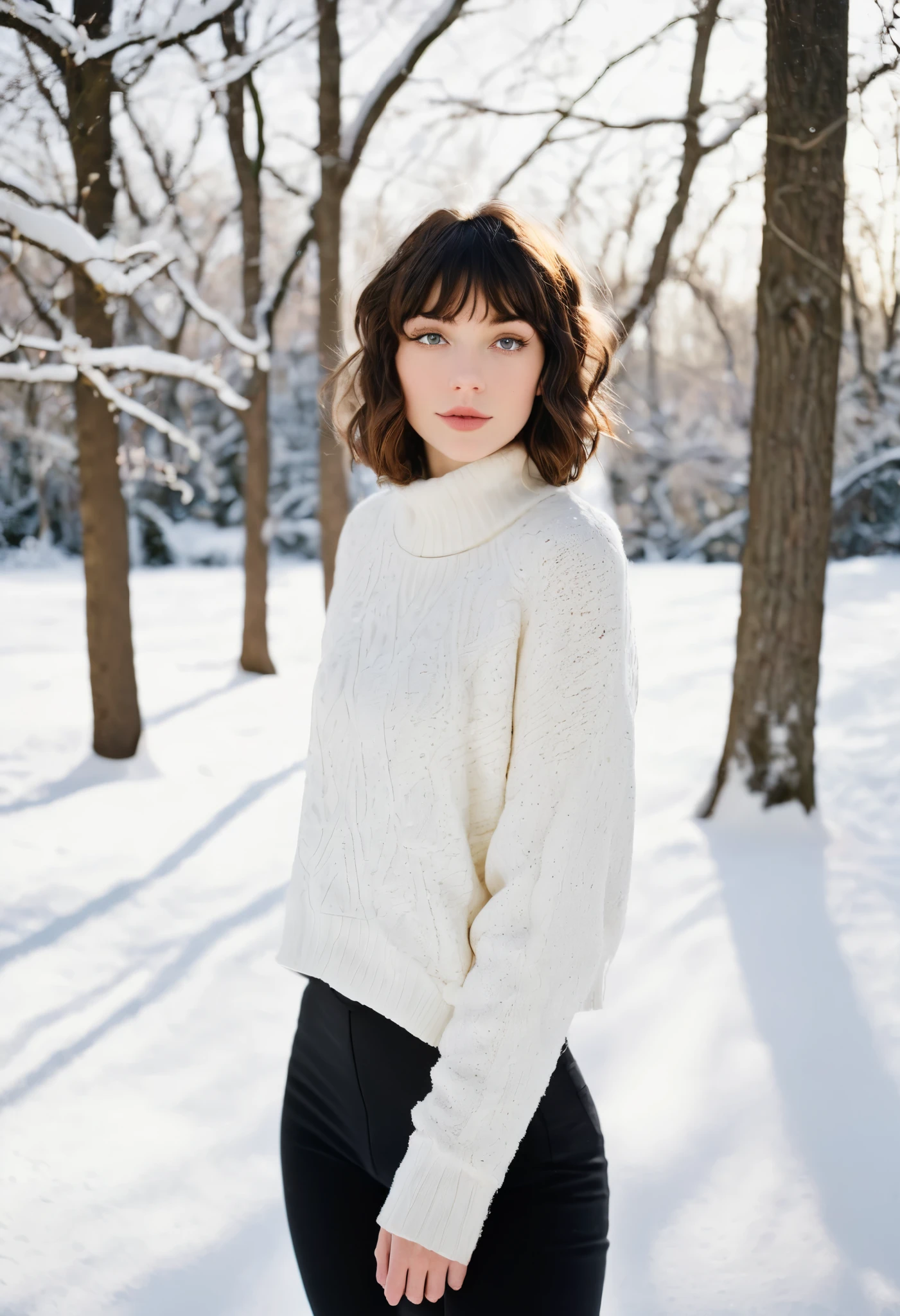 Portrait photo captured on Fujifilm Pro 400H film. The setting is a snowy backyard with trees covered in snow. 24 year old girl, with a slender, petite physique, pale skin, dark brown hair messy wavy bob with bangs. Almond shaped eyes, big, wide and spaced apart, short with a slim frame, thin, skinny physique, broad shoulders poses naturally, dynamic body movement. surrounded by soft, diffused light reflecting off the snow. The image features classic black-and-white tones with high contrast and fine grain