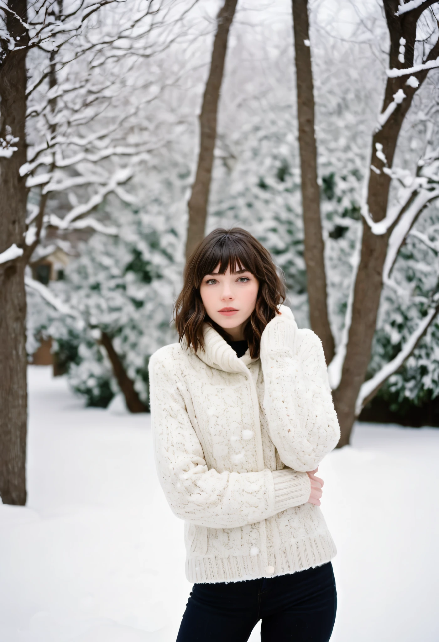 Portrait photo captured on Fujifilm Pro 400H film. The setting is a snowy backyard with trees covered in snow. 24 year old girl, with a slender, petite physique, pale skin, dark brown hair messy wavy bob with bangs. Almond shaped eyes, big, wide and spaced apart, short with a slim frame, thin, skinny physique, broad shoulders poses naturally, dynamic body movement. surrounded by soft, diffused light reflecting off the snow. The image features classic black-and-white tones with high contrast and fine grain