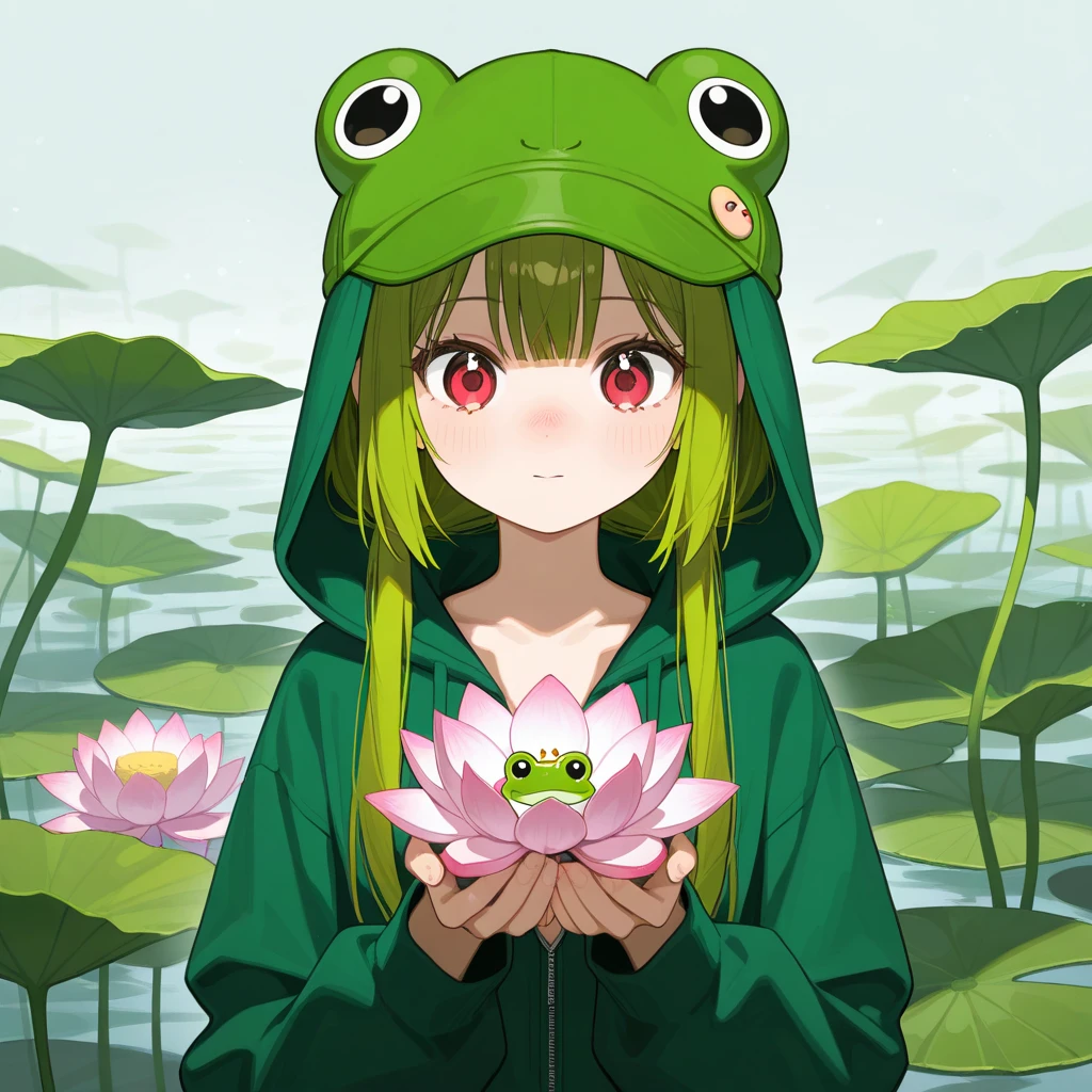  18 Years Old Taiwanese Girl ， Short green hair ，  green pupil，  wearing a frog-hoodie ，No other clothes inside ，  Two frog eyes on hat  ， Zipper pulled in half ， Exposes cleavage  ，  in right hand holding lotus  ，  Red eyes and nose ，Looks like I just cried 