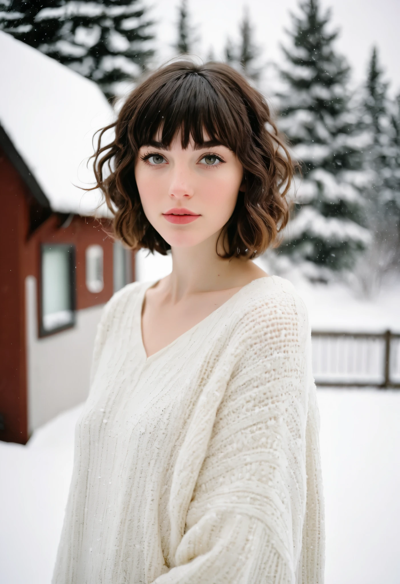 Portrait photo captured on Fujifilm Pro 400H film. The setting is a snowy backyard with trees covered in snow. 24 year old girl, with a slender, petite physique, pale skin, dark brown hair messy wavy bob with bangs. Almond shaped eyes, big, wide and spaced apart, short with a slim frame, thin, skinny physique, broad shoulders poses naturally, surrounded by soft, diffused light reflecting off the snow. The image features classic black-and-white tones with high contrast and fine grain