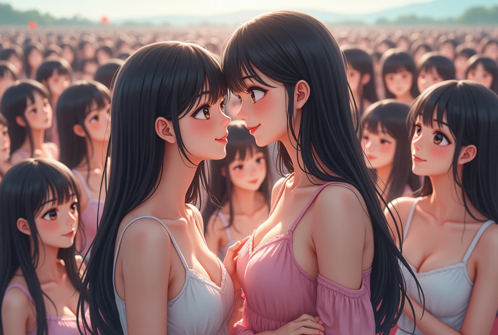 (((((Japanese Clone-girls=Myself))))), (((Super Best masterpiece Clone-girls Raw Photography Art))), (((16K, Highest quality, Ultra-high resolution, RAW Photos))), (((It's so unrealistic., With unparalleled depiction, With an unfathomable sight, An unprecedented and shocking worldview, Clone-girls: In a world of mass reproduction, Ultra-realistic))), (((Japanese Girls, Sasaki Nozomi, 28yo, Small face, Thick black hair, Medium to long hair, Dark Eyes, Mature face, Cute Smile, Smiling face, A gentle gaze, (((Very happy laughter)))))), (((Very beautiful detailed girls, Accurate body structure, Accurate body movements, Very detailed body, (((Super big breasts, Large bulge of ample breasts)))))), (((Pink swimsuit, Cleavage Emphasis, Emphasise the fullness of your breasts))), ((((((((Very detailed, Myself cloning, Depiction of splitting oneself, 1Myself girl→1,000,000,000,000,000,000,000,000,000,000Myself cloning girls)))))))), (((((((Myself clone-girlsから, Myself keeps multiplying, (Very detailed and intricate, To the exact, Flawless, (((In the same female body,With the same face, With the same hairstyle, In the same clothes, At the same height, 同じSuper big breastsである))), In a detailed depiction), 1,000,000,000,000,000,000,000,000,000,000 people))))))), (((((Myself girls only))))), (((((1,000,000,000,000,000,000,000,000,000,000Myself girls))))), (((((Very detailed depiction, Multiple or more Myselves, Physical contact, Pleasant conversation, Holding hands, Hug, walk, Turn around, Shift your gaze))))), (((Very detailed, Extremely crowded, Body-to-body contact with no gaps))), (Bright and soft light), (((((Clear and accurate perspective depiction, super wide view, Ultra-wide field of view, Focus on the average value of the image))))), A crowd of Myself filling up the horizon, Everyone is sexy!!!!, I want to touch each other, I want to have sex with everyone, I want to put my boobs together, Everyone is me, so it's okay to touch them, A large group of people gather from all directions and have sex!!!!!, Touch your body a lot, Licking each other, I want to hug multiple people, I want to see lots of scenes where they touch each other
