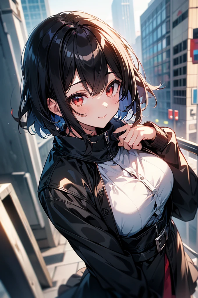 masterpiece, highest quality, highest quality, (no text), Beautiful and aesthetic:1.2),no text,anime、break,anime、break、 one girl、 dark haired girl short hair　 Slit Eyes Boyish 　adult　 beautiful eyes　red eyes, cool smile　black color coat full body outdoor