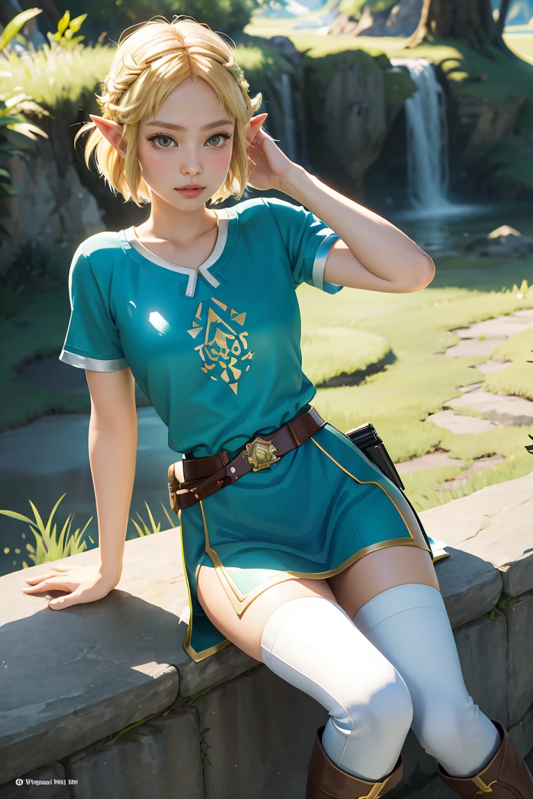 princess zelda, 1girl, artist request, belt, blonde hair, blue shirt, book, boots, expressionless, full body, green eyes, highres, looking at viewer, magic, nintendo, pants, pointy ears, shirt, short hair, simple background, solo, the legend of zelda, the legend of zelda: breath of the wild, the legend of zelda: tears of the kingdom, flower made of light, magic