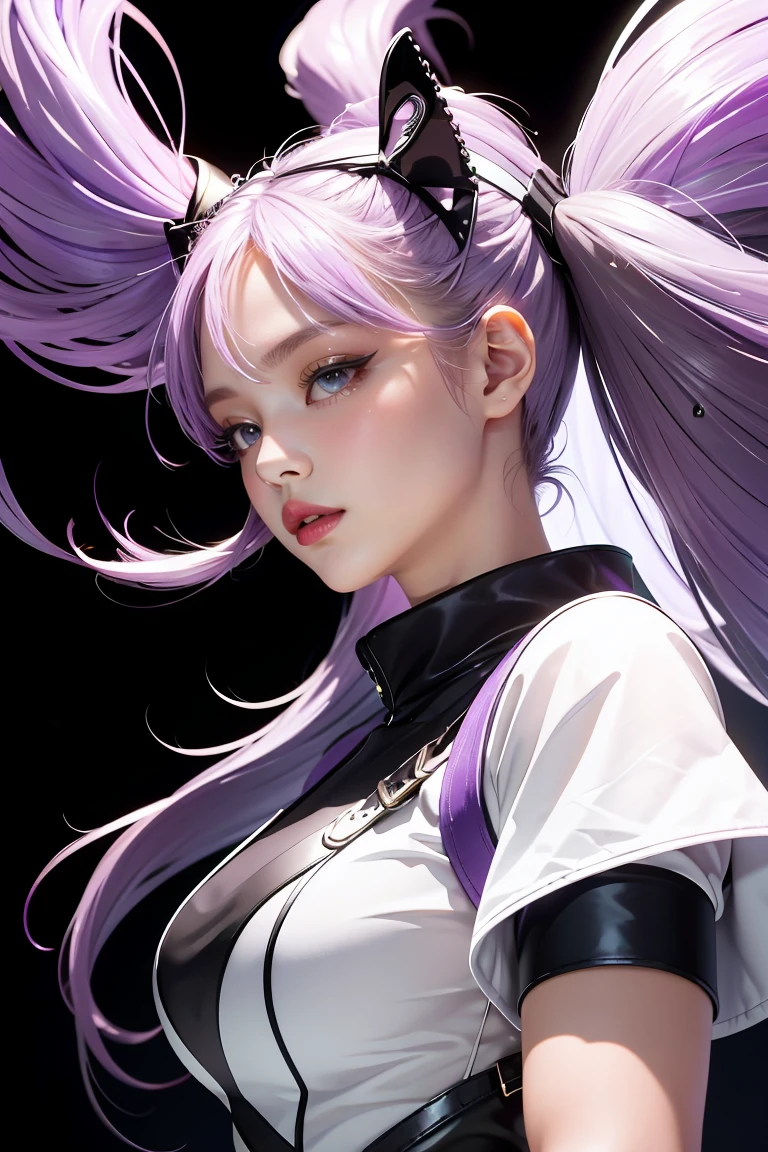 ,Best Quality, Ultra High Resolution, Cute, (KPOP Idol), (Long Twintail), (Light Purple Hair:1), ((Big Eyes)), Looking at you, BREAK ((upper body:1.3)), Front View,A character with long, flowing silver hair and a slender build, wearing a black and white outfit that includes thigh-high boots and gloves. The character is in a dynamic pose surrounded by ethereal purple crystals and energy, The character is in a dynamic pose surrounded by ethereal purple crystals and energy,A character with long, flowing purple hair, wearing a metallic top and black shorts with thigh-high boots. The outfit includes straps and belts, giving it a futuristic or fantasy style. The character is in a dynamic pose with radiant light or energy surrounding them, set against a minimalistic abstract background,
