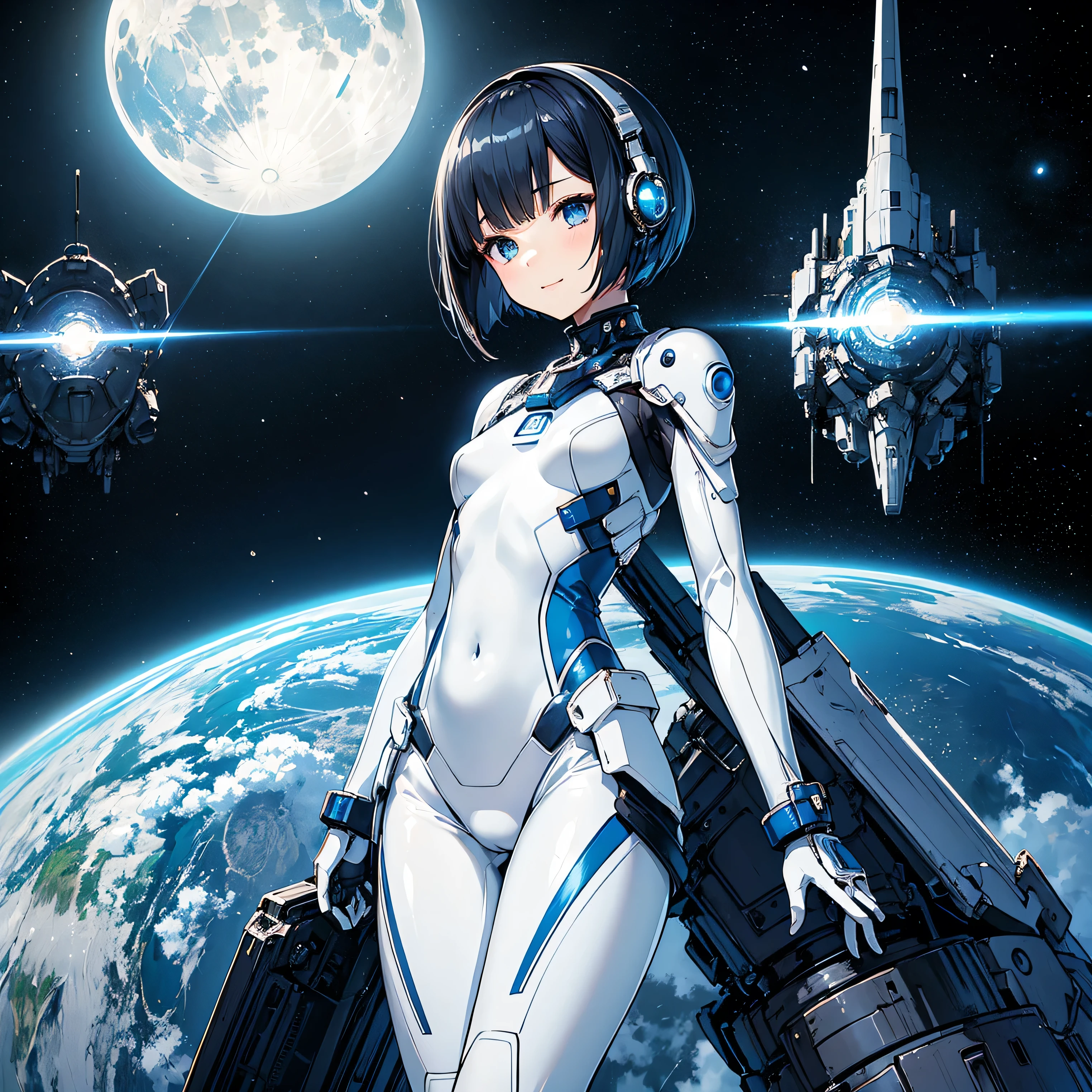 (masterpiece、 top quality 、 highest resolution、 clear_image、 Detailed Details): (Whole body、A 20 year old girl、Japanese Faces、 small face、 slender、 dark blue super short bob cut hair、(Hidden small breasts:1.3)、Sparkling blue eyes 、 white, blue, and black shiny pilot suit、Chest protection armor、Tight fitting clothes、Clothing that covers the whole body、Glamorous clothes、 tight fit pants 、Hide your skin、 very delicate and beautiful、Detailed Skin、Hide your thighs、Hide your ass、 cute、A gentle smile、Soft expression、heroine、 headset、 long boots、Elbow-length gloves、 eye level shot、Peace talks between warring factions,attention arousal, Clever Blue Eyes,Face directly、 woman on a spaceship )、 background、Moon in the background、shiny pilot suit in white, blue and black colors with galaxy clouds on the background 、Meteor Shower