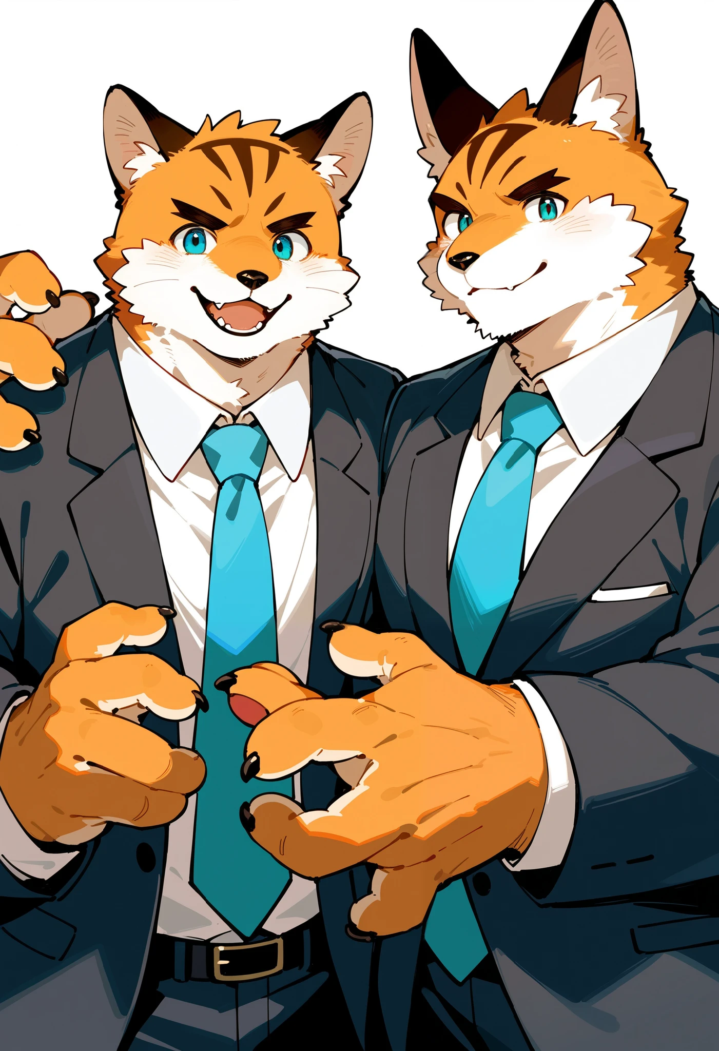 cover page, highres, top quality, best quality, paid reward available, High-quality illustrations, unparalleled masterpiece, perfect artwork, absurdres, super high resolution, detailed background, perfect anatomy, nice 2boys, kemono, suit, furry anthro, Top executives shake hands on the achievement of the project, smile, portrait,
