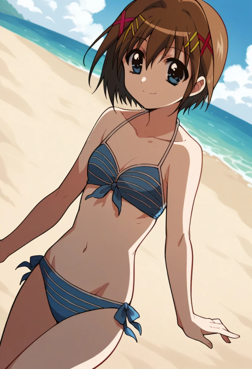 (masterpiece, best quality, 8k:1.2),Very detailed, (anime:1.1), misaka_mikoto, brown hair, short hair, hairpin, small medium breasts, 1girl, (Smiling face, Gingham print bikini, Beach, blush), Cowboy shot, looking at viewer,