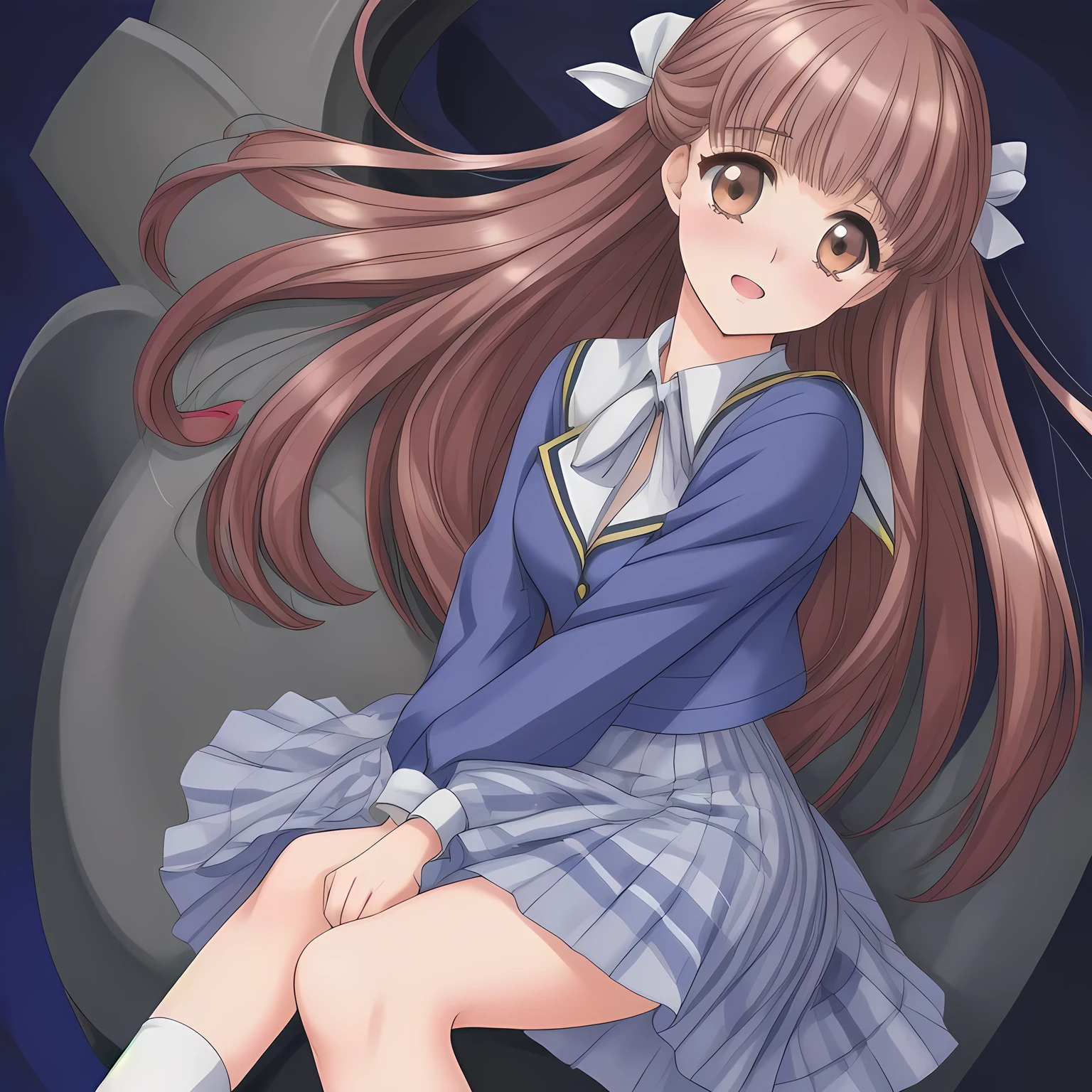 (highest quality, masterpiece: 1.6), (Too beautiful intelligent girl with navy uniform is looking down elegantly and laughing at the viewer, with many photo of her behind her, Too Beautiful noble yo beautiful anime noble heroine, unbelievable beauty, beautiful giggling noble elegant 16 neat anime heroine wares completely white frilled girly blouse covered by navy-expensive-blazer and navy-blue-checkered-plaid-school-skirt with metallic luster, inviting me to the world of neat school-uniform pleasure, Noble Elegant blazer-style uniform with prettiest blouse and blue-breast ribbon, beautiful legs with white socks, loafers: 1.5), (Anime-heroine's girly noble brown eyes, the eyes shines and has strong effect of allusion to the viewer: 1.6), (Realistic Charming neat dark-navy-blue very-neat well-pleated long dark-blue checkered glossy expensive plaid school skirt made of metallic-luster-blue-wool: 1.6), (Eyes, face and hair are especially beautifully detailed and beautifully drawn: 1.8), (Girl whom everyone loves because of her beauty and lovely fashion and noble manner and magic-charm: 1.4), (Very beautiful, various, cute gorgeous rich dark black hair like seducing hair model, with elegant big yellow hair ribbons: 1.5), (Perfect style like a famous school fashion model: 1.2), (Clearly-detailed well-contrasted neat bewitching too-expensive atmosphere foreground: 1.8), (Dark-blue background: 1.9), (Viewer can't to stop falling into deep allusion by her beautiful seducing sweet pure soprano voice with extreme pleasure with high-class classic music: 1.8)
