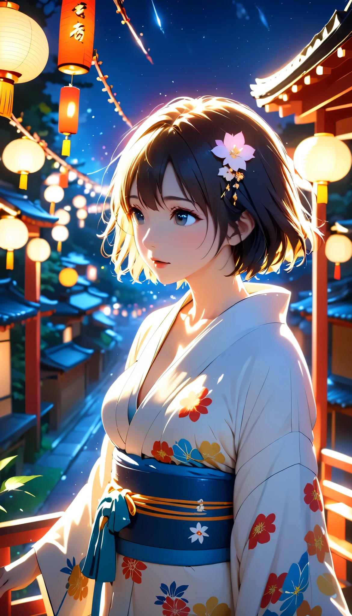 masterpiece, high res, illustration, Kyoto animation style, movie style: your name, night , mid night , Gentle Light, Fascinating Light, (1 female: 1.3), (Alone: 1.4), has long eyelashes, short bob, nose_, open_mouth, futon, , kimono,  , Kirarhythm, dynamic perspective, perspective, Bokeh, Depth_of_Field, from_ Down, (natural breasts:1.2), (Uplifted and well-defined bust:1.2), new year, hatsumode, new year decorations