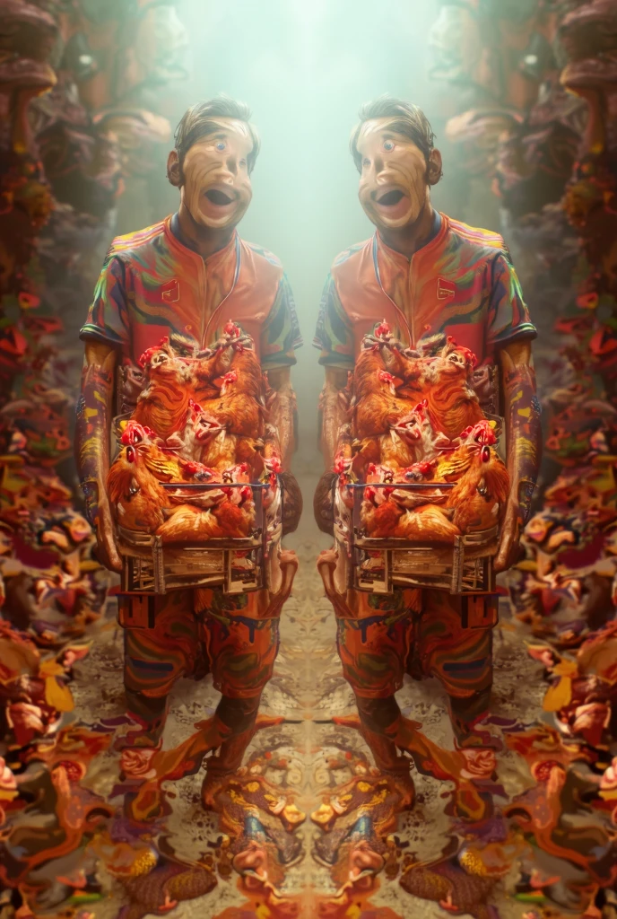 An idol of Lord Ram made of chillies with a chilli field behind it and a boy sitting nearby wearing a hat.