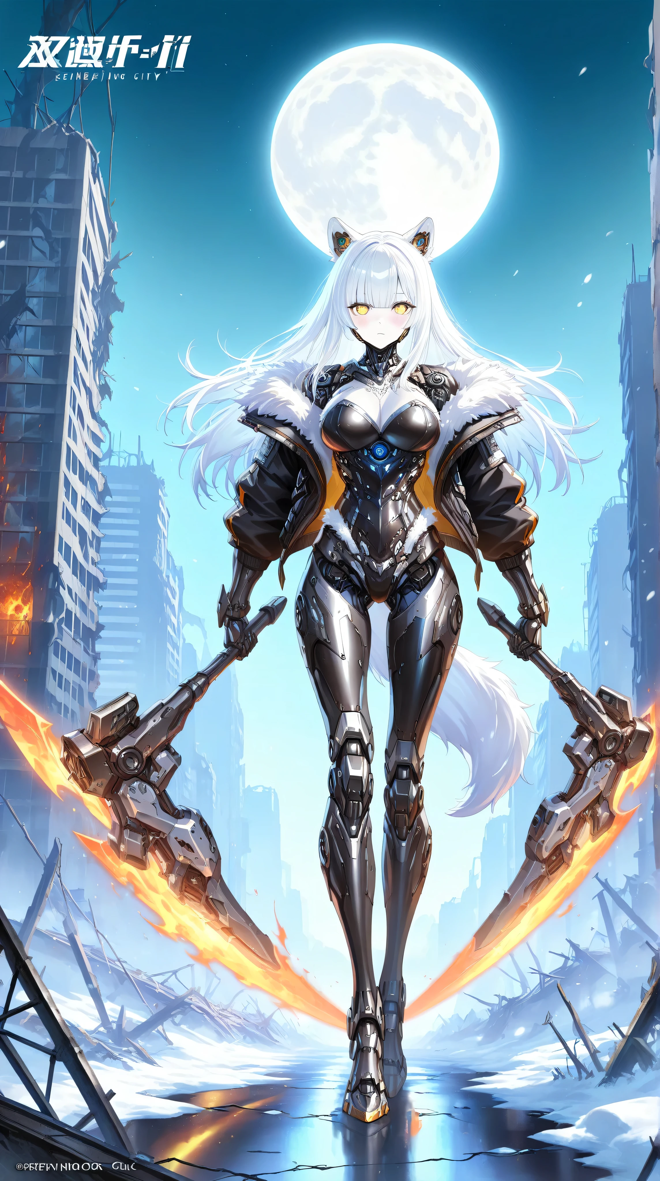 masterpiece,best quality,official art,extremely detailed CG unity 8k wallpaper,(Sci-fi style),(Mechanical style),
1girl,female robot,
huge_breasts,Mechanical body,mechanical parts,mecha corset,robot joints,mechanical arm,(whole body),(slim legs),lustrous skin,shiny skin,pale skin
(snow mastiff armor),(white fur trim),(white intricate mechanical bodysuit),white Functional clothing,dog ears,dog tail
outdoor,building_ruins,burning city,black night,full moon
expressionless,blush,standing,Wielding a battleaxe
yellow eyes,detailed beautiful eyes,(finely detailed eyes)
(white hair,crew cut,blunt_bangs,hair_between_eyes,(reflective hair), 