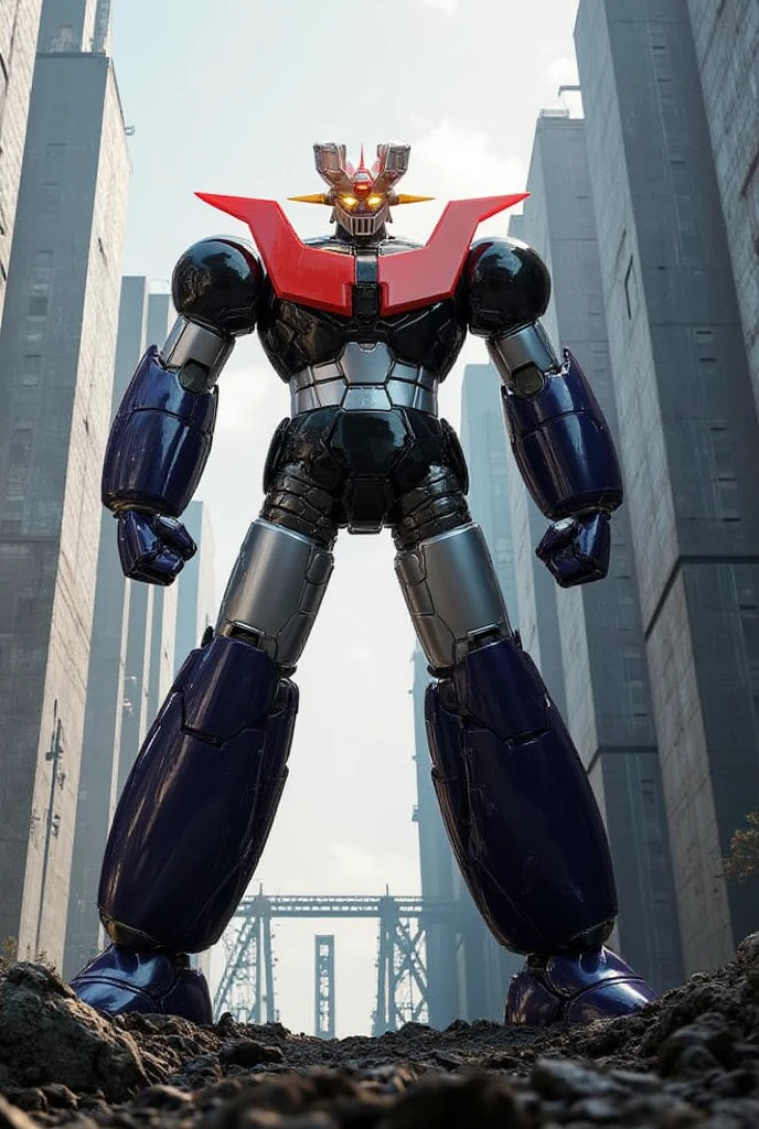 A very realistic version of the modded Mazinger Z, Standing in a forward position at a height of 100 meters .  constructed with modern materials such as steel ,  Carbon Fiber ,  other industrial elements are also visible ,  just like the real thing ,  iconic features such as the chest plate and head where high voltage current flows and emits light have been carefully reproduced.  set in a modern industrial environment ,  the appearance of Mazinger Z standing around ,  illuminated by natural light 、 huge structures highlighted with realistic shadows . LED light lighting 　Gundam