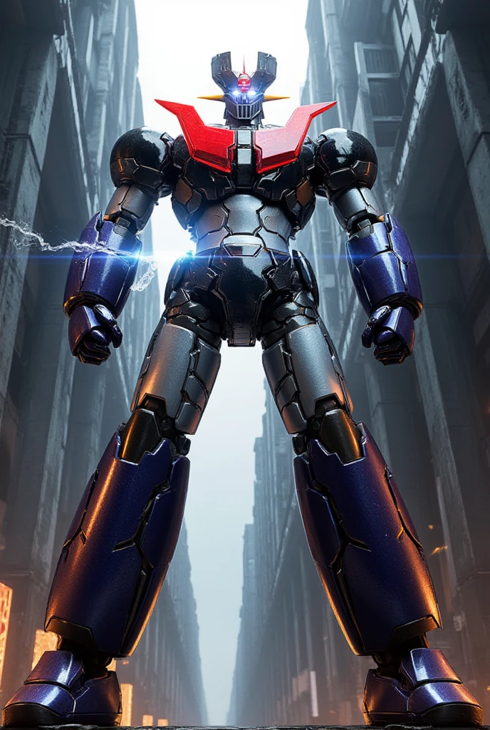 A very realistic version of the modded Mazinger Z, Standing in a forward position at a height of 100 meters .  constructed with modern materials such as steel ,  Carbon Fiber ,  other industrial elements are also visible ,  just like the real thing ,  iconic features such as the chest plate and head where high voltage current flows and emits light have been carefully reproduced.  set in a modern industrial environment ,  the appearance of Mazinger Z standing around ,  illuminated by natural light 、 huge structures highlighted with realistic shadows . LED light lighting 　Gundam