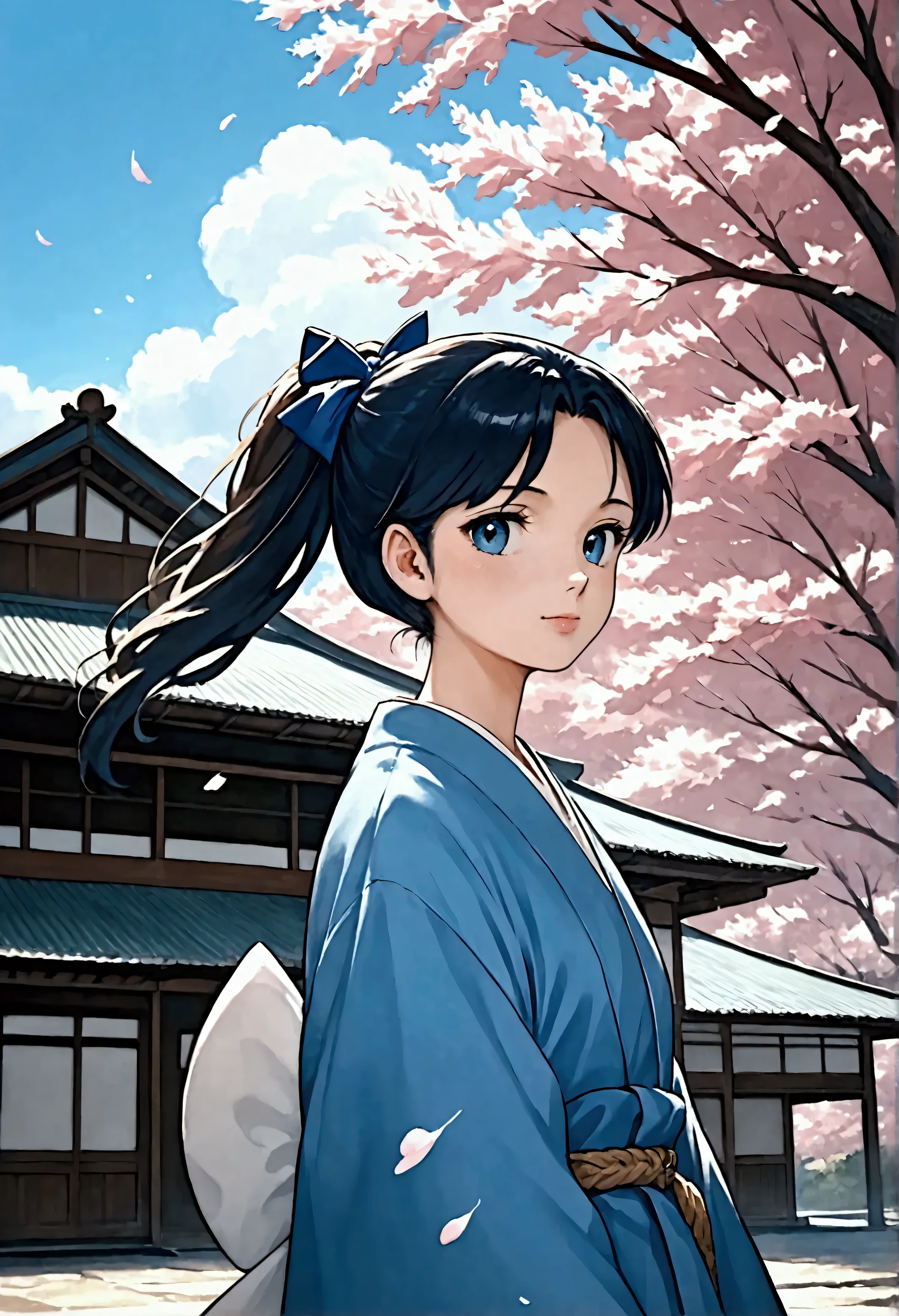 score_9, score_8_up, score_7_up,(masterpiece,Outstanding quality,Best Illustration,super detailed),8k,16k,wallpaper,Woman with Japanese Umbrella , Nishijin Textile Kimono , Japanese painting style, beautiful anime portrait, extra , Detailed Portraits of Anime Girls , Amazingly Beautiful Anime Portraits, BEAUTIFUL ANIME WOMEN , digital animated illustration, Anime Style Portrait , Extra art,Realistic, beautiful anime girl showing bare skin, Anime Style Digital Art , animated illustration, ponytail, Navy Blue Kimono,The background is a cherry blossom blizzard
