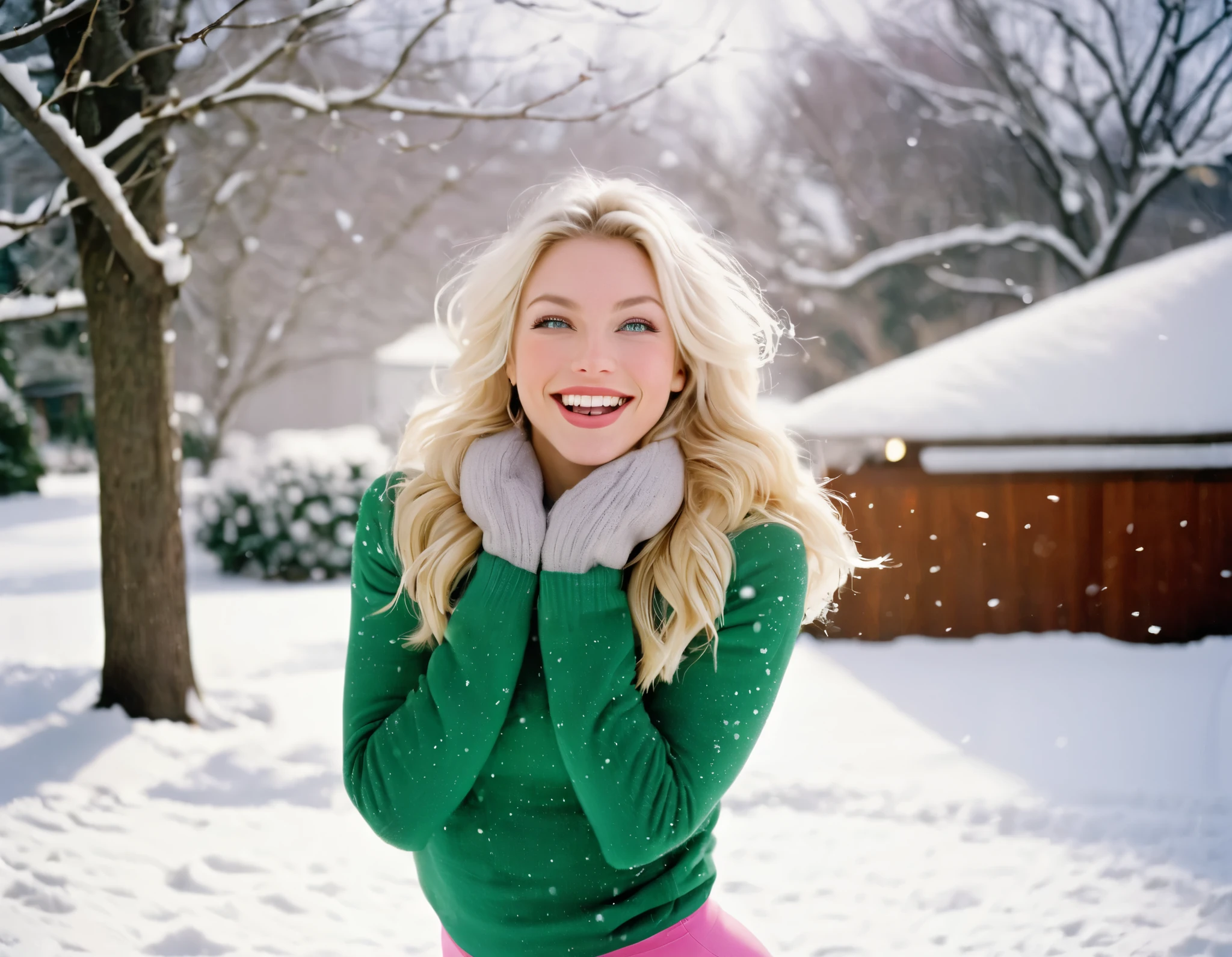 Portrait photo captured on Fujicolor Superia 200/400 film. The setting is a snowy backyard with trees covered in snow. "Petite, young woman with a fit, athletic frame with toned arms, a sculpted torso, a narrow waist, strong, shapely legs, and a modest, perky bosom. She has a heart-shaped face, long, flowing, platinum blonde, tousled hair, almond-shaped green eyes, a straight nose, and thin pink lips with a playful smirk. Playing in the snow, tossing it into the air. Laughing playing, surrounded by soft, diffused light reflecting off the snow. 