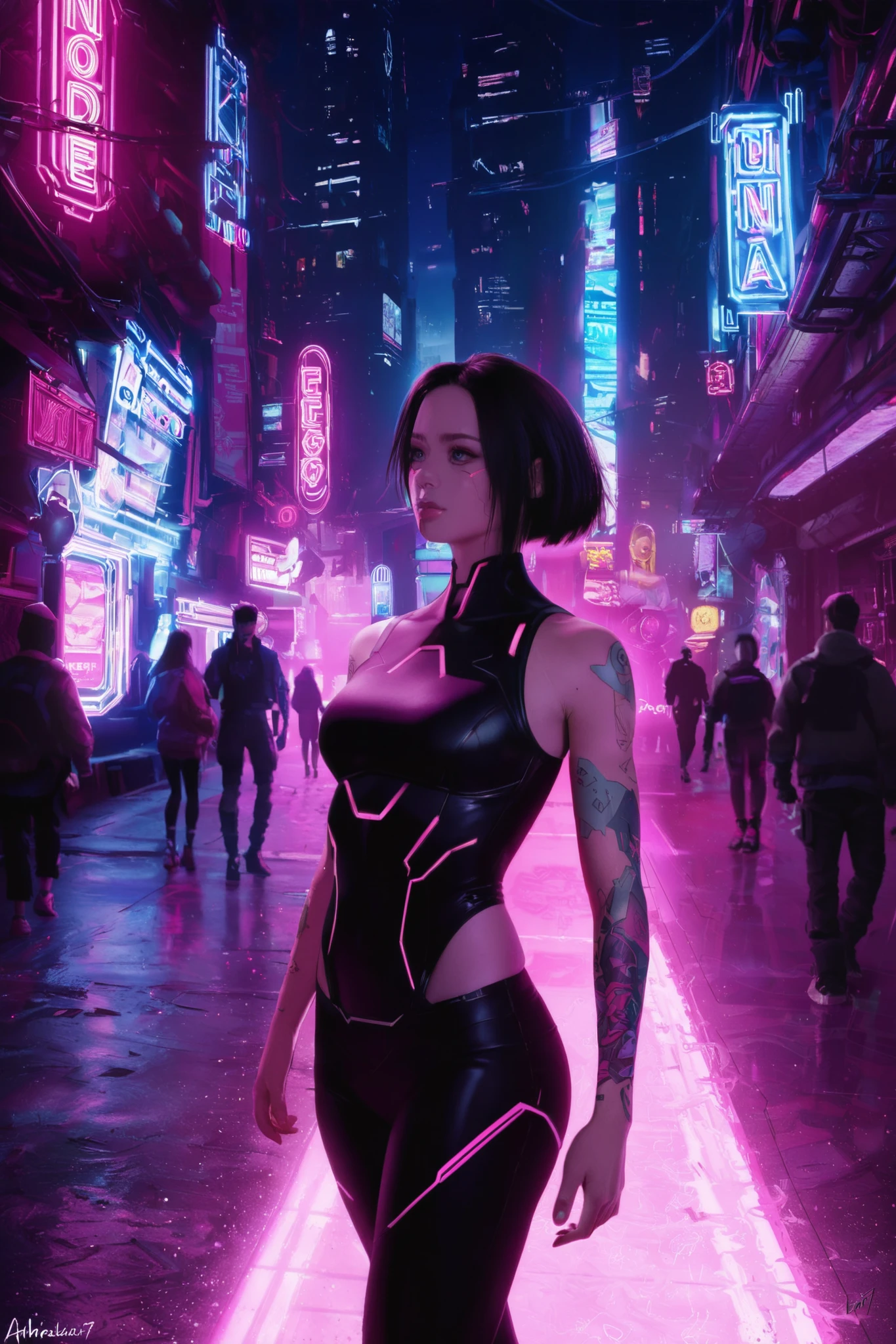 Generate a photorealistic anime-style image of a woman inspired by Faith, the protagonist of Mirror's Edge, but adapted for a cyberpunk setting. She has short black hair, an athletic build, and her signature arm tattoos, with additional neon accents to fit the cyberpunk style. Her outfit combines elements from Mirror's Edge with futuristic designs, incorporating glowing elements and advanced tech details. The background is a vibrant cyberpunk cityscape with neon lights and towering skyscrapers, emphasizing a high-tech, dystopian atmosphere