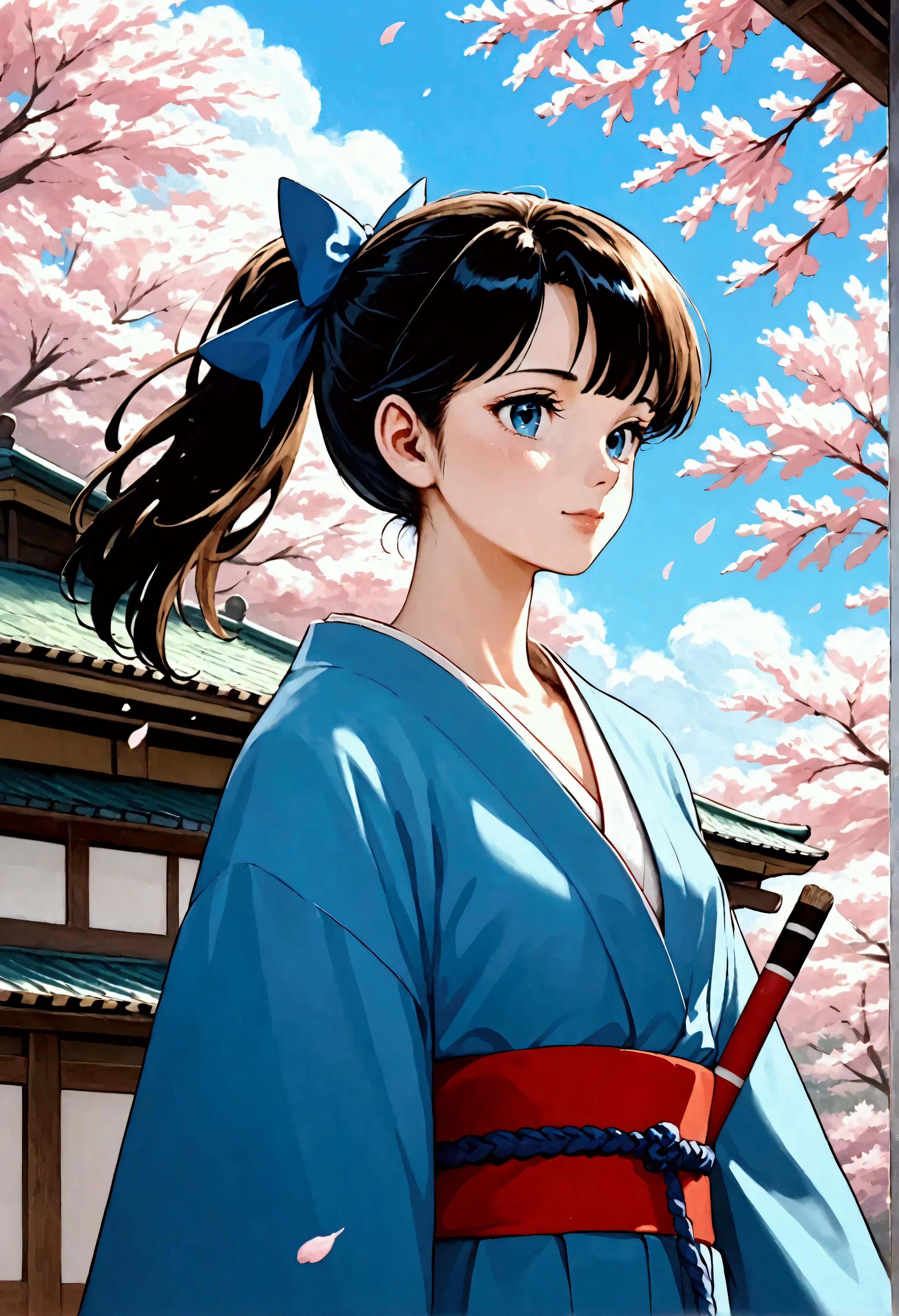 score_9, score_8_up, score_7_up,(masterpiece,Outstanding quality,Best Illustration,super detailed),8k,16k,wallpaper,Woman with Japanese Umbrella , Nishijin Textile Kimono , Japanese painting style, beautiful anime portrait, extra , Detailed Portraits of Anime Girls , Amazingly Beautiful Anime Portraits, BEAUTIFUL ANIME WOMEN , digital animated illustration, Anime Style Portrait , Extra art,Realistic, beautiful anime girl showing bare skin, Anime Style Digital Art , animated illustration, ponytail, Navy Blue Kimono,The background is a cherry blossom blizzard
