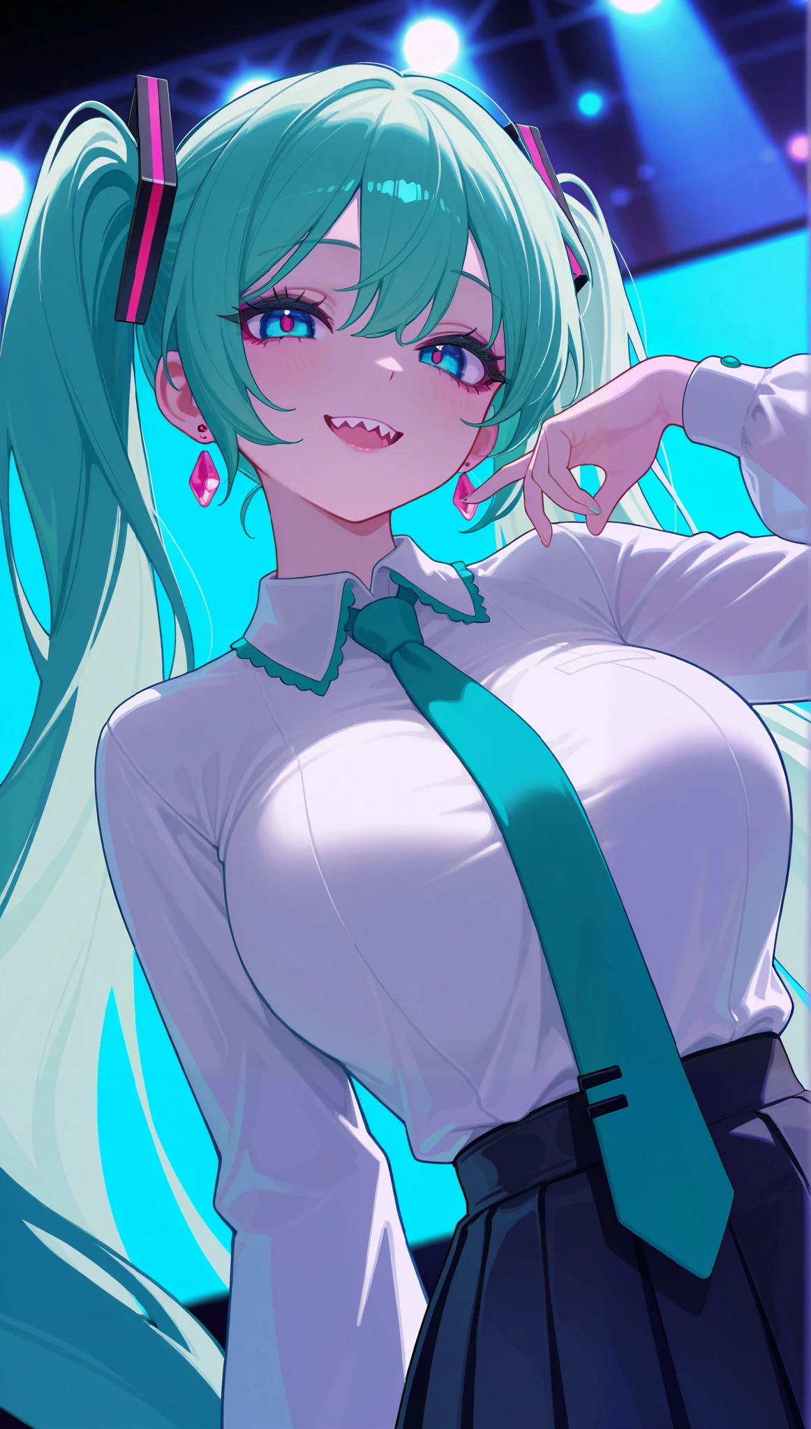 (masterpiece), (portrait), big breasts (aesthetics), ((1 female 21 years old)), Highlight earrings), ((long hair, long pigtails)), ((Hot crystal light blue-green hair)), ((Miku Hatsune)) straight hair, thin eyes open, blue eyes, sharp teeth, cute, naughty, mischievous smile, woman, feminine, beautiful, female features, top, high quality, aesthetic clothing, professional angle, (rule of thirds), (feminine), , (beautiful) , (female ) features), solo, (Korean attractive), summer, (ink haze), (afternoon), (vibrant light), seductive posture, ((face looking forward))), Miku Hatsune, white blouse, separate long sleeves, pleated skirt, tie, sensual ((Energy)), (Bold Makeup), (Big Breasts), Fair Skin, (Clothes with Hip Hop Details), (a hot Miku Hatsune, sculptural body, sexy pose), (Sleep Neckline), Beautiful Hands, Body beautiful, beautiful ears, beautiful eyes, bright eyes, beautiful mouth, beautiful lips, on stage, show, lights