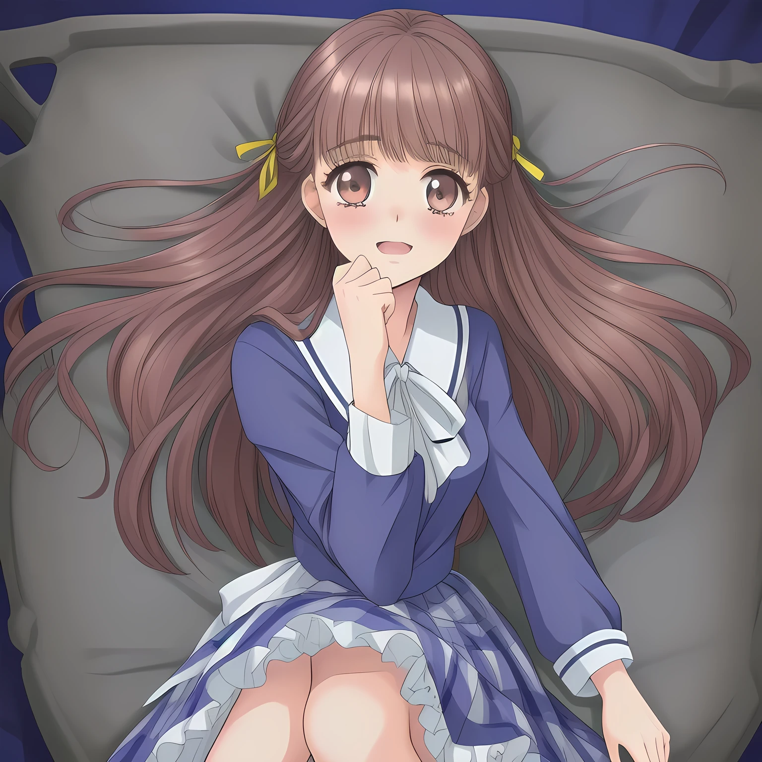 (highest quality, masterpiece: 1.6), (Too beautiful intelligent girl with navy uniform is looking down elegantly and laughing at the viewer with many her photo frames behind her, Too Beautiful noble yo beautiful anime noble heroine, unbelievable beauty, beautiful giggling noble elegant 16 neat anime heroine wares completely white frilled girly blouse covered by navy-expensive-blazer and navy-blue-checkered-plaid-school-skirt with metallic luster, inviting me to the world of neat school-uniform pleasure, Noble Elegant blazer-style uniform with prettiest blouse and blue-breast ribbon, beautiful legs with white socks, loafers: 1.5), (Anime-heroine's girly noble brown eyes, the eyes shines and has strong effect of allusion to the viewer: 1.6), (Realistic Charming neat dark-navy-blue very-neat well-pleated long dark-blue checkered glossy expensive plaid school skirt made of metallic-luster-blue-wool: 1.6), (Eyes, face and hair are especially beautifully detailed and beautifully drawn: 1.8), (Girl whom everyone loves because of her beauty and lovely fashion and noble manner and magic-charm: 1.4), (Very beautiful, various, cute gorgeous rich dark black hair like seducing hair model, with elegant big yellow hair ribbons: 1.5), (Perfect style like a famous school fashion model: 1.2), (Clearly-detailed well-contrasted neat bewitching too-expensive atmosphere foreground: 1.8), (Dark-blue background: 1.9), (Viewer can't to stop falling into deep allusion by her beautiful seducing sweet pure soprano voice with extreme pleasure with high-class classic music: 1.8)