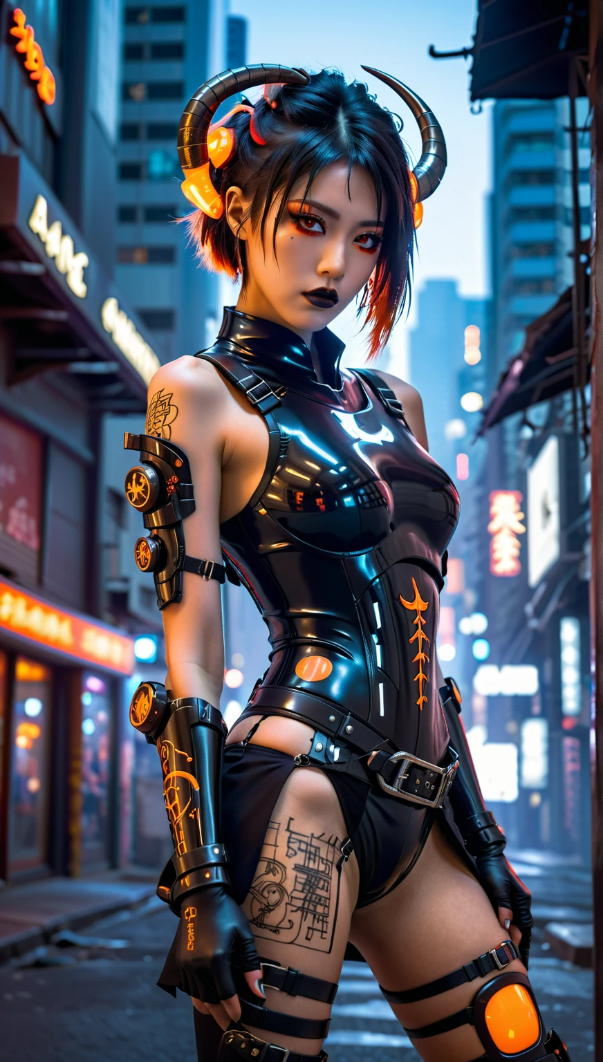 unreal-engine:1.4,hyper HD,Best quality:1.4, Fotorrealista:1.4, Skin texture:1.4, tmasterpiece:1.8, 1 Cyberpunk Girl, brunette color hair, glowy skin, 1 orange mechanical girl, (Super realistic details)), full bodyesbian, global ilumination, Contrast, Umbroso, rendering by octane, ultrasharp, exposed neckline, raw skin,Orange miniskirt, metal,Intricate yellow decorative details, Japan Details, High level of detail, realistic raytraicing, Trends in CG, in front of camera, neon light detail, Mechanical limbs, blood vessels attached to the tube, Mechanical vertebrae attached to the back, mechanical cervical attachment to the neck, wires and cables connecting to head, gundam, Small LED lamps.14 Years Old Girl、silber hair、Perfectly rounded pupils、Huge irisディテール, light smile,(Cyberpunk:1.3)
