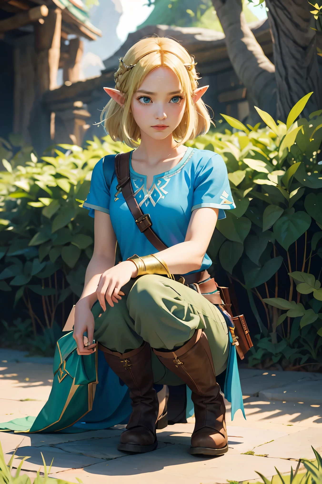 princess zelda, 1girl, artist request, belt, blonde hair, blue shirt, book, boots, expressionless, full body, green eyes, highres, looking at viewer, magic, nintendo, pants, pointy ears, shirt, short hair, simple background, solo, the legend of zelda, the legend of zelda: breath of the wild, the legend of zelda: tears of the kingdom, flower made of light, magic