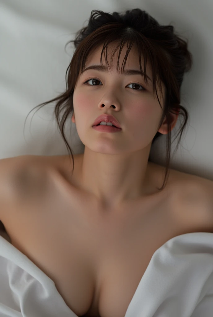 1girl, solo, looking at viewer, naked, lying on the bed, (((opening legs apart))),  japanese girl