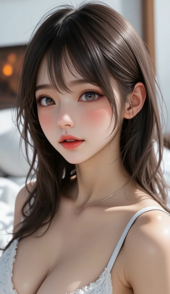 ​masterpiece、top-quality)、1 beutiful girl、A smile、Slim body、(Black and white plain clothes:1.1)、(Detailed beautiful eyes)、Photo session in the bedroom、in a house、((Black long-haired))、a small face、tall、((Light brown eyes))、((Korean Girl))、((cool lady))、((cool expression))、((Korean Makeup))、((glare at viewer))、((Small eyes))