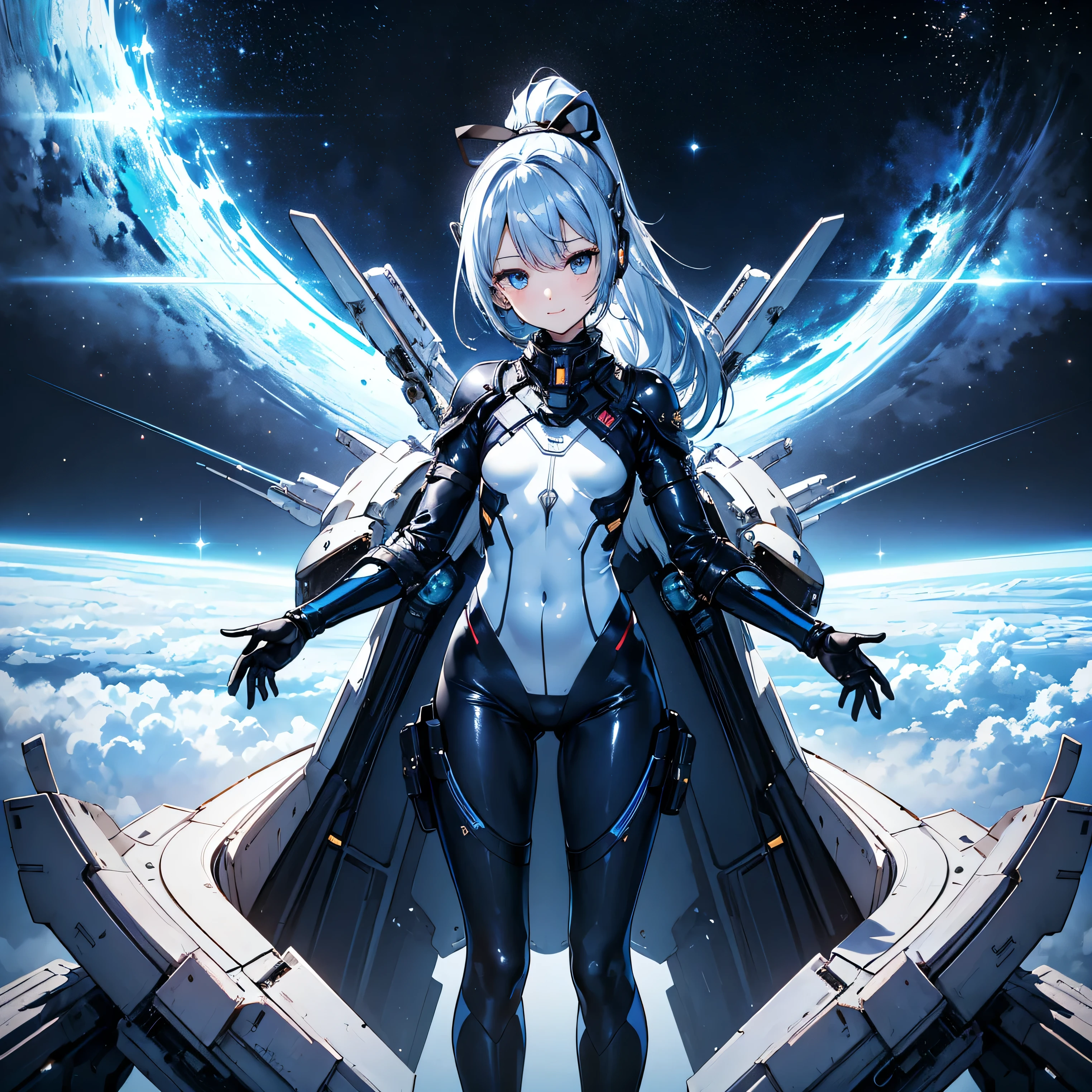 (masterpiece、 top quality 、 highest resolution、 clear_image、 Detailed Details): (Whole body、A 20 year old girl、Japanese Faces、 small face、 slender、Navy blue high knot ponytail、、(Hidden small breasts:1.3)、Sparkling blue eyes 、 white, blue, and black shiny pilot suit、Chest protection armor、Tight fitting clothes、Clothing that covers the whole body、Glamorous clothes、 tight fit pants 、Hide your skin、 very delicate and beautiful、Detailed Skin、Hide your thighs、Hide your ass、 cute、A gentle smile、Soft expression、heroine、 headset、 long boots、Elbow-length gloves、 eye level shot、Peace talks between warring factions,attention arousal, Clever Blue Eyes,Face directly、 woman on a spaceship )、 background、Moon in the background、shiny pilot suit in white, blue and black colors with galaxy clouds on the background 、Meteor Shower